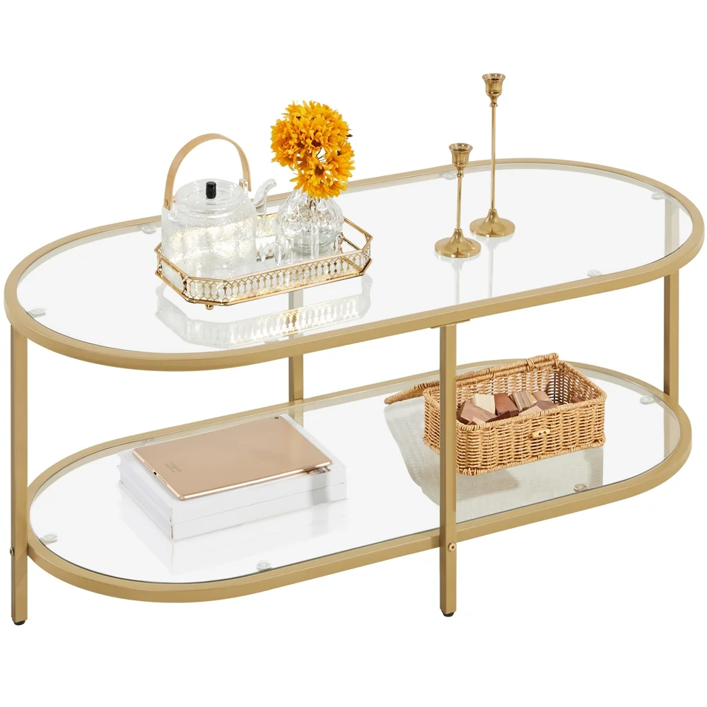 Alden Design Two-layer Modern Oval Glass Coffee Table for Living Room, Gold