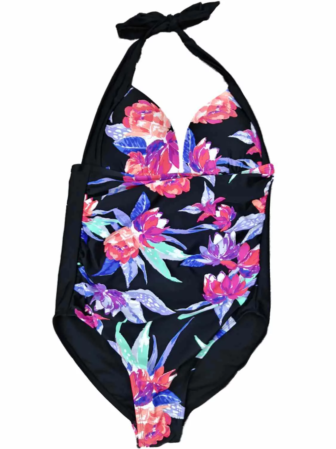 Womens Black Pink Blue Peach Floral Flower One Piece Halter Tie Swimming Suit