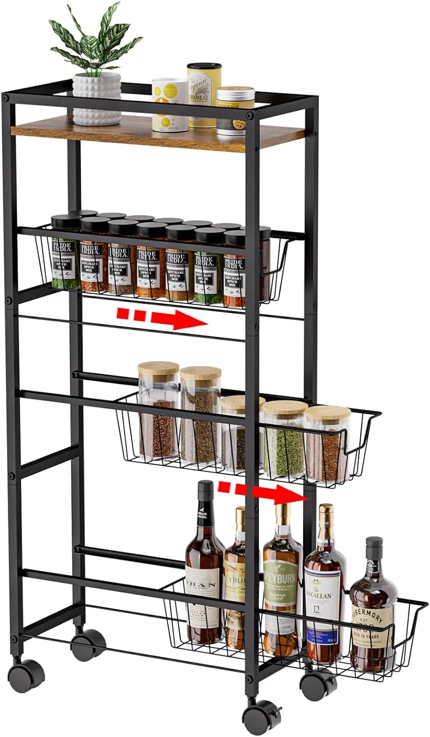 4-Tier Slim Storage Cart with Wheels,X-cosrack Rolling Utility Cart with Slide-Out Wire Baskets & Wooden Tabletop,Mobile Shelving Unit for Bathroom Kitchen Laundry Narrow Places