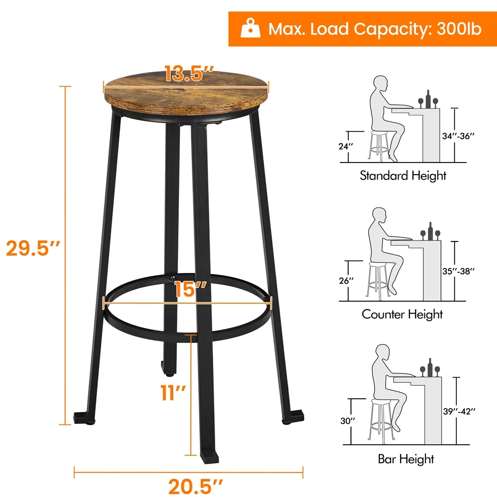 Yaheetech 2pcs 29.5'' H Pub Height Stools Bar Stools with Metal Frame and Round Top, Rustic Brown