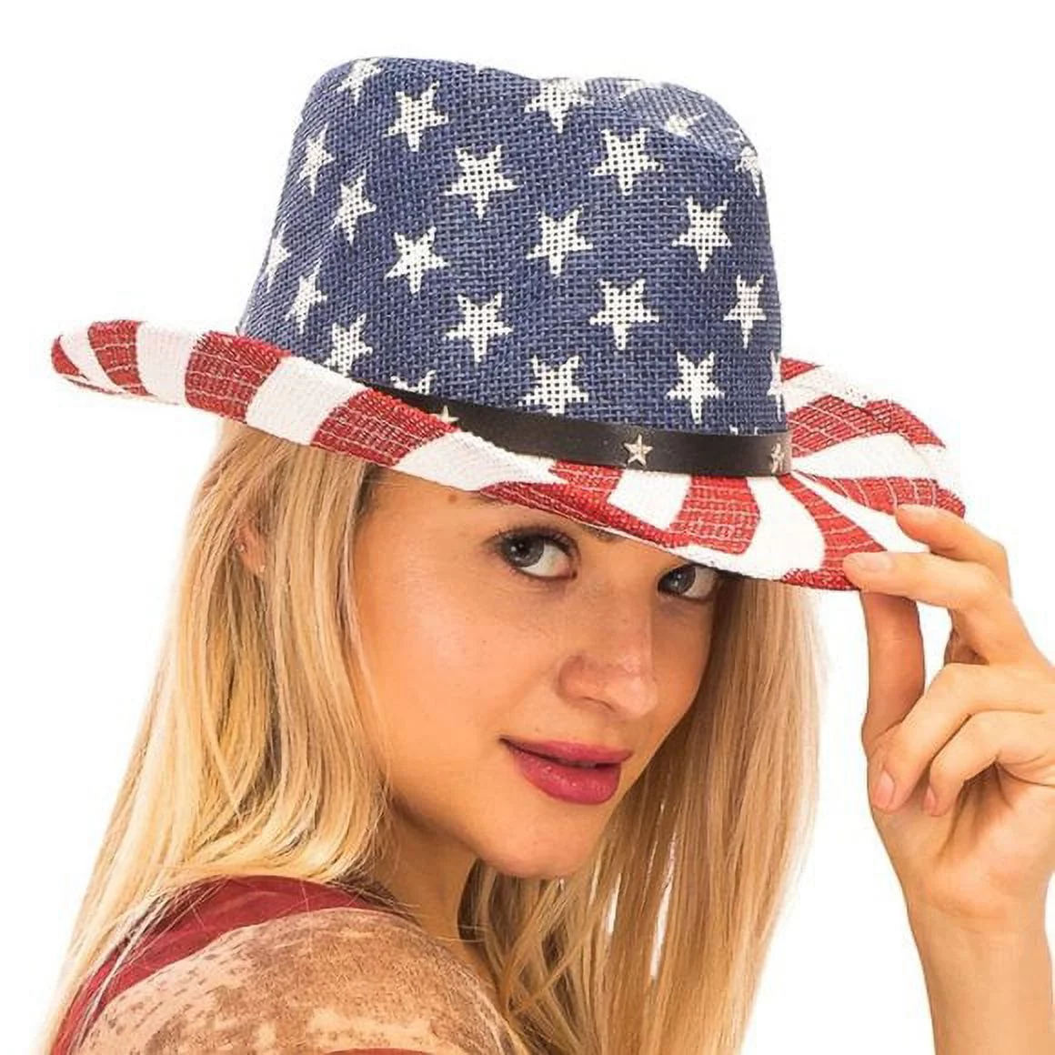 American Flag White Patterned Studded Toyo Straw Cowboy Style Hat 100% Straw