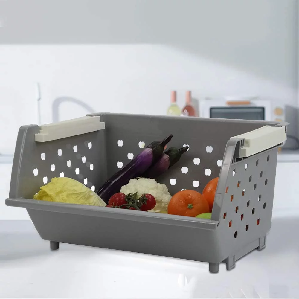 BSL 4-Pack Plastic Stacking Storage Basket, Stackable Organizer Bin, Gray