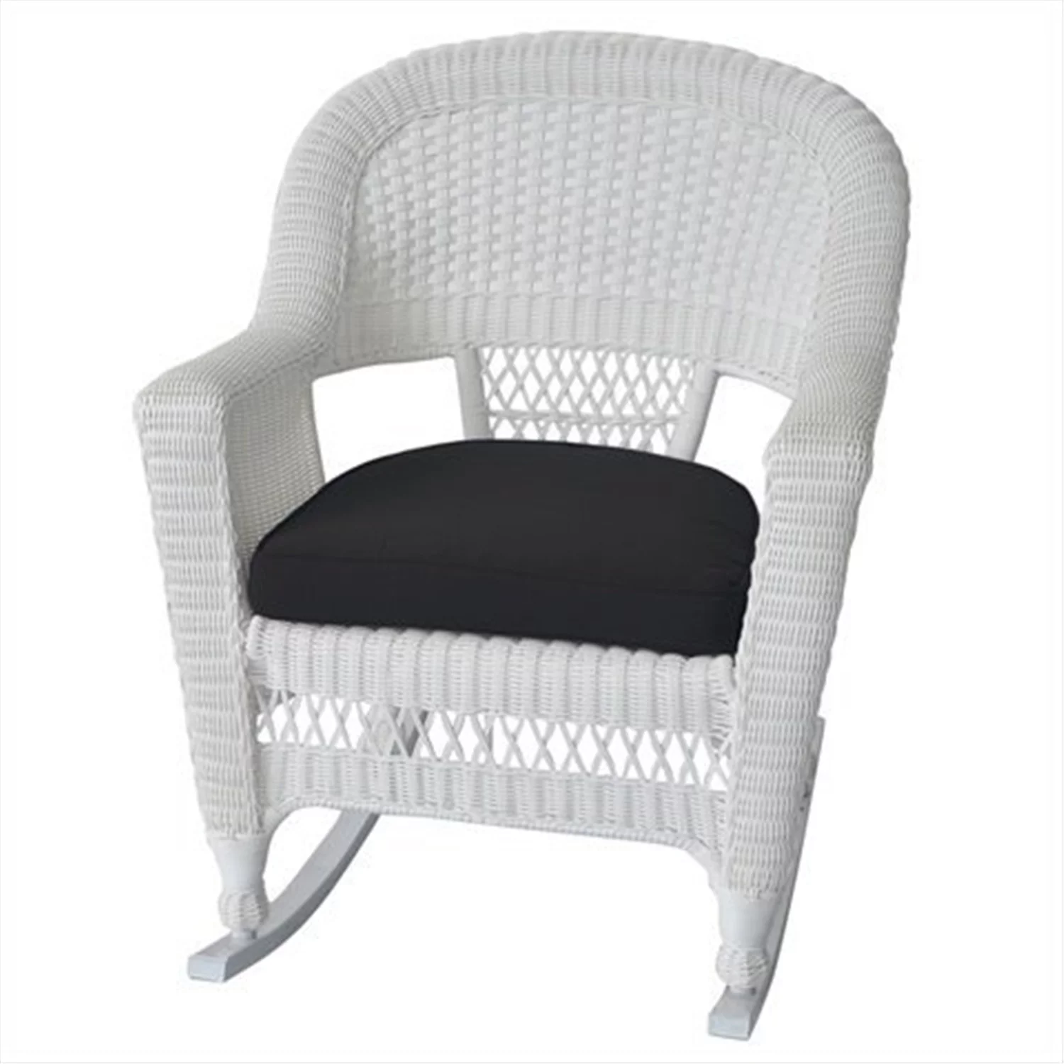 Jeco Resin Wicker Outdoor Patio Rocker Chair in White w/Black Cushion (Set of 2)