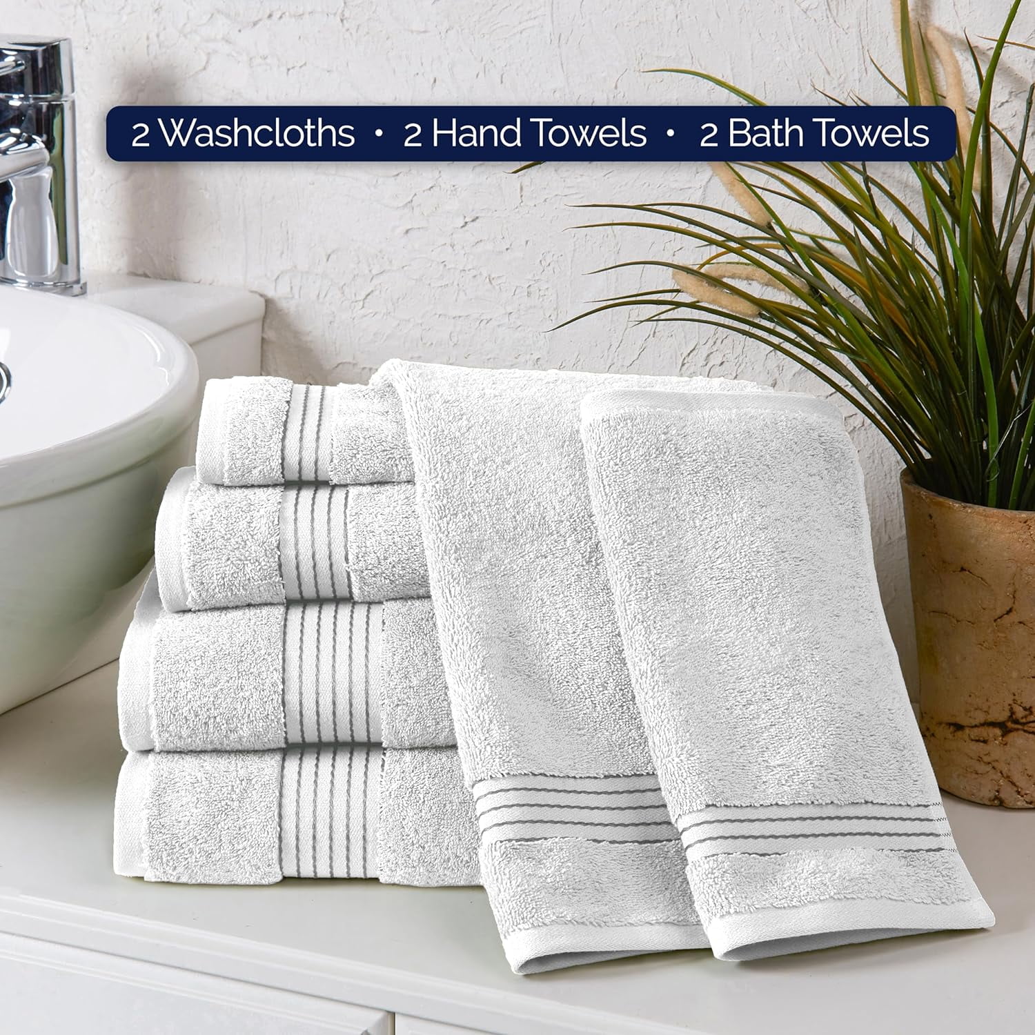 Elegant Comfort Cotton 6-Piece Towel Set Cotton Bathroom, White/Gray