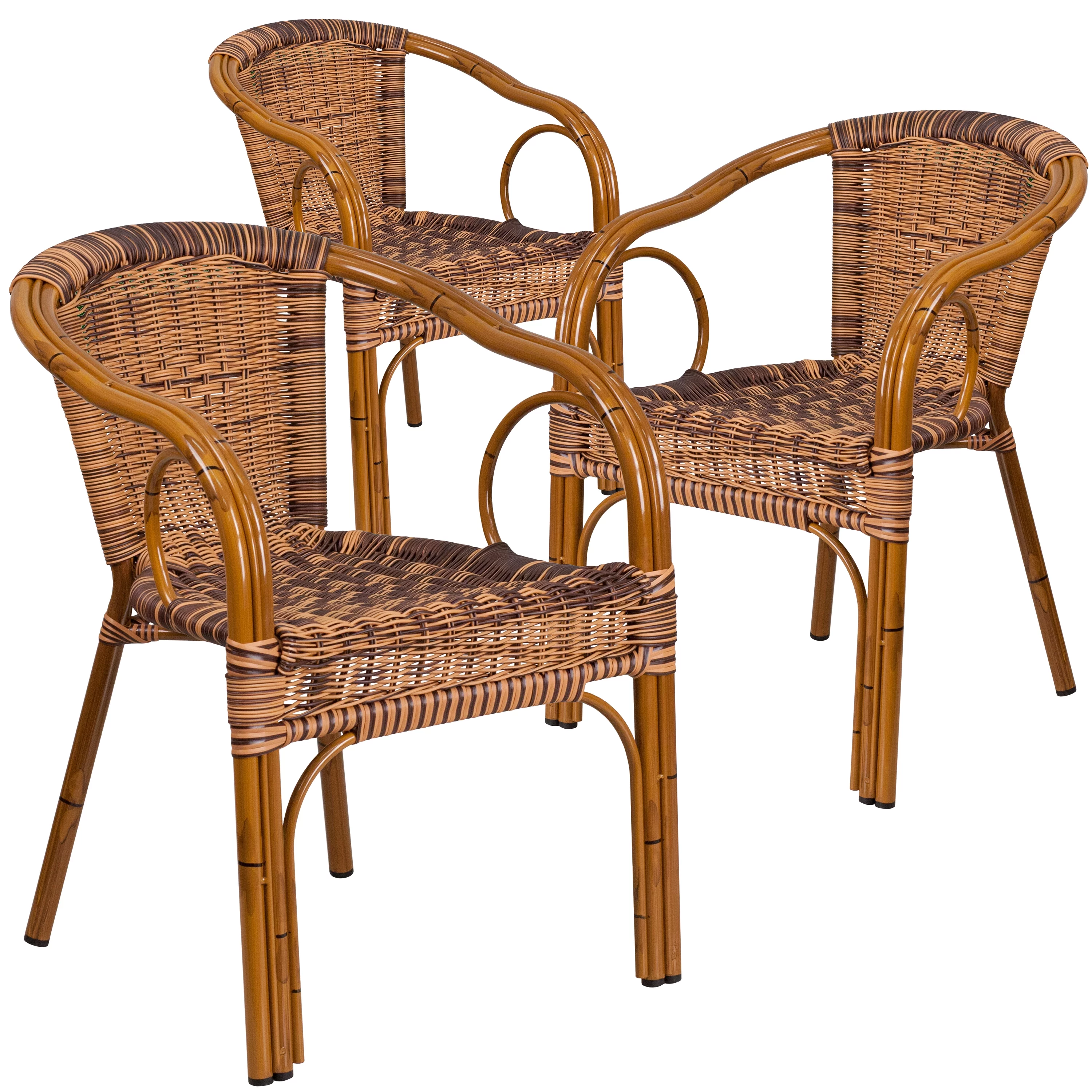 BizChair 3 Pack Burning Brown Rattan Restaurant Patio Chair with Dark Red Bamboo-Aluminum Frame