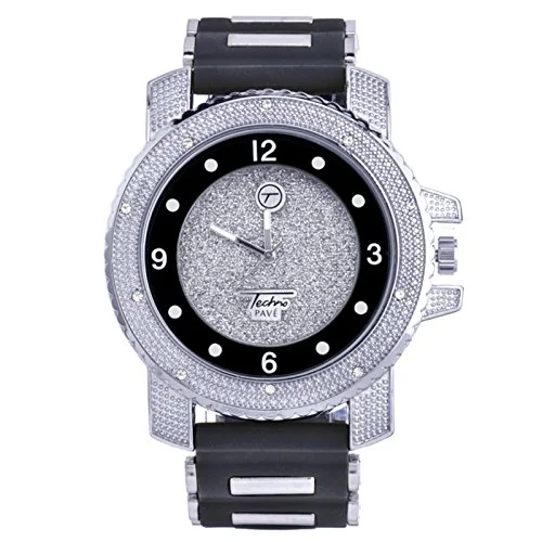 XL Heavy Iced Bling Rapper Hip Hop Techno Pave Rubber Watches 7758 SBBK