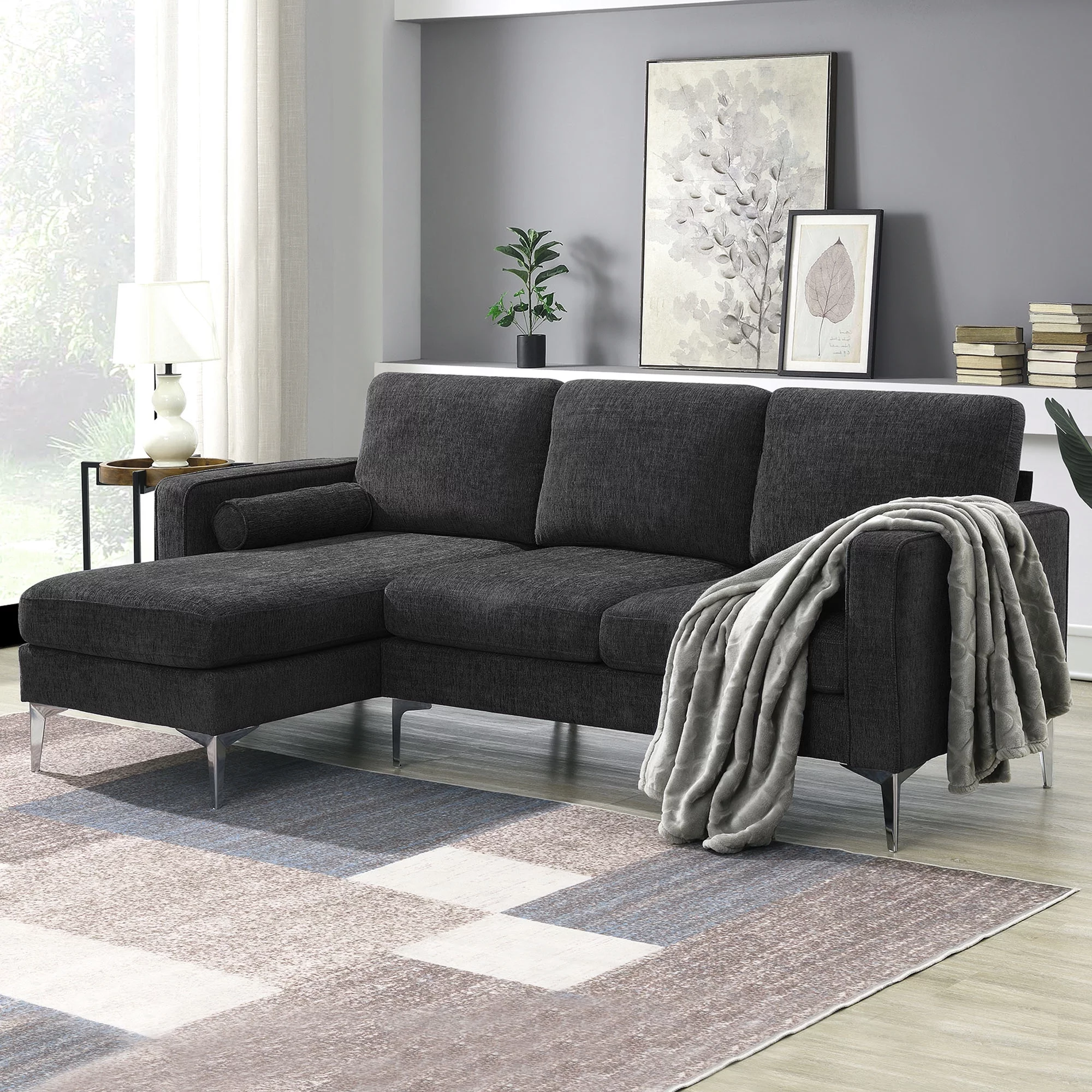 Churanty L Shaped Sofa for Small Spaces Convertible Sectional Sofa with Reversible Chaise Lounge,Dark gray