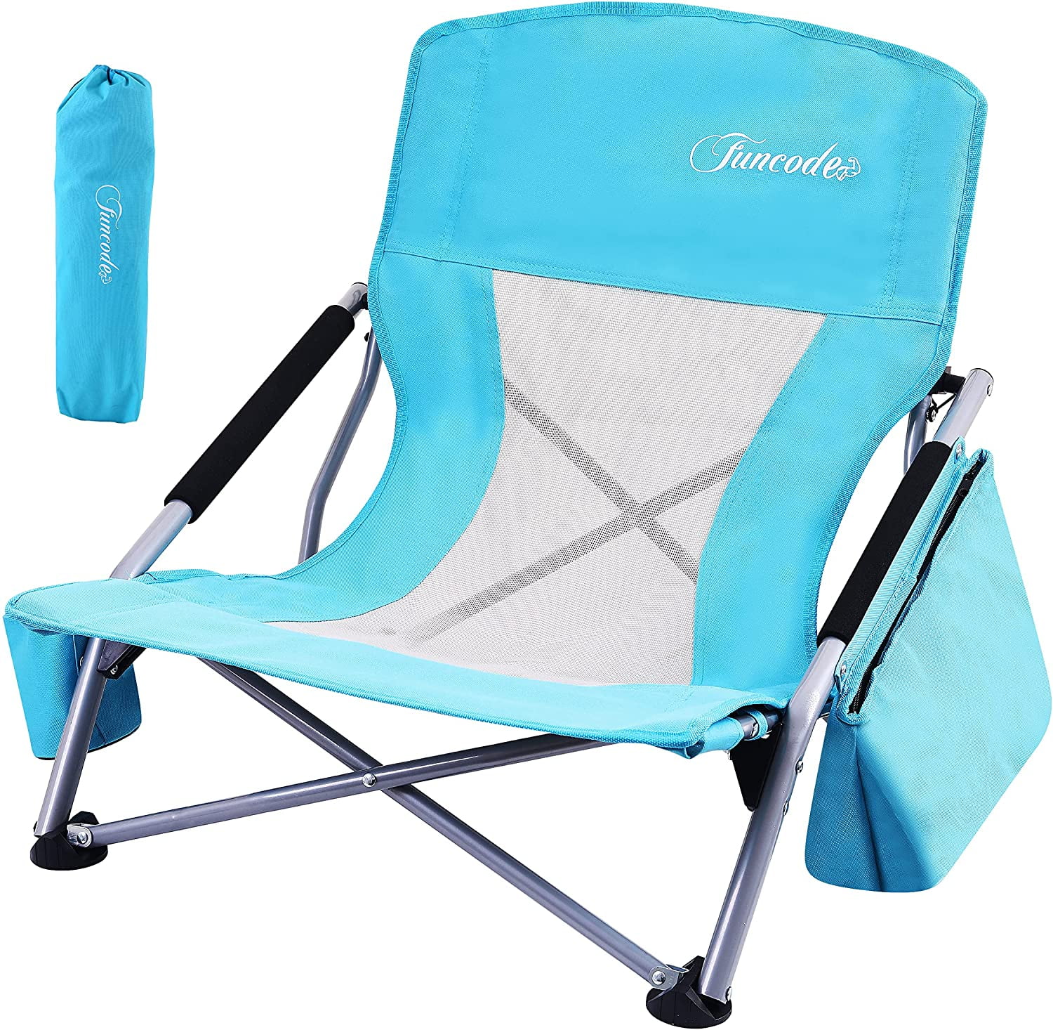 Low Beach Camping Folding Chair with Cooler Bag,Heavy Duty Portable Chair with Carry Bag for Camping, Beach, Picnic, Barbeques, Sporting Event (1-Pack Blue)