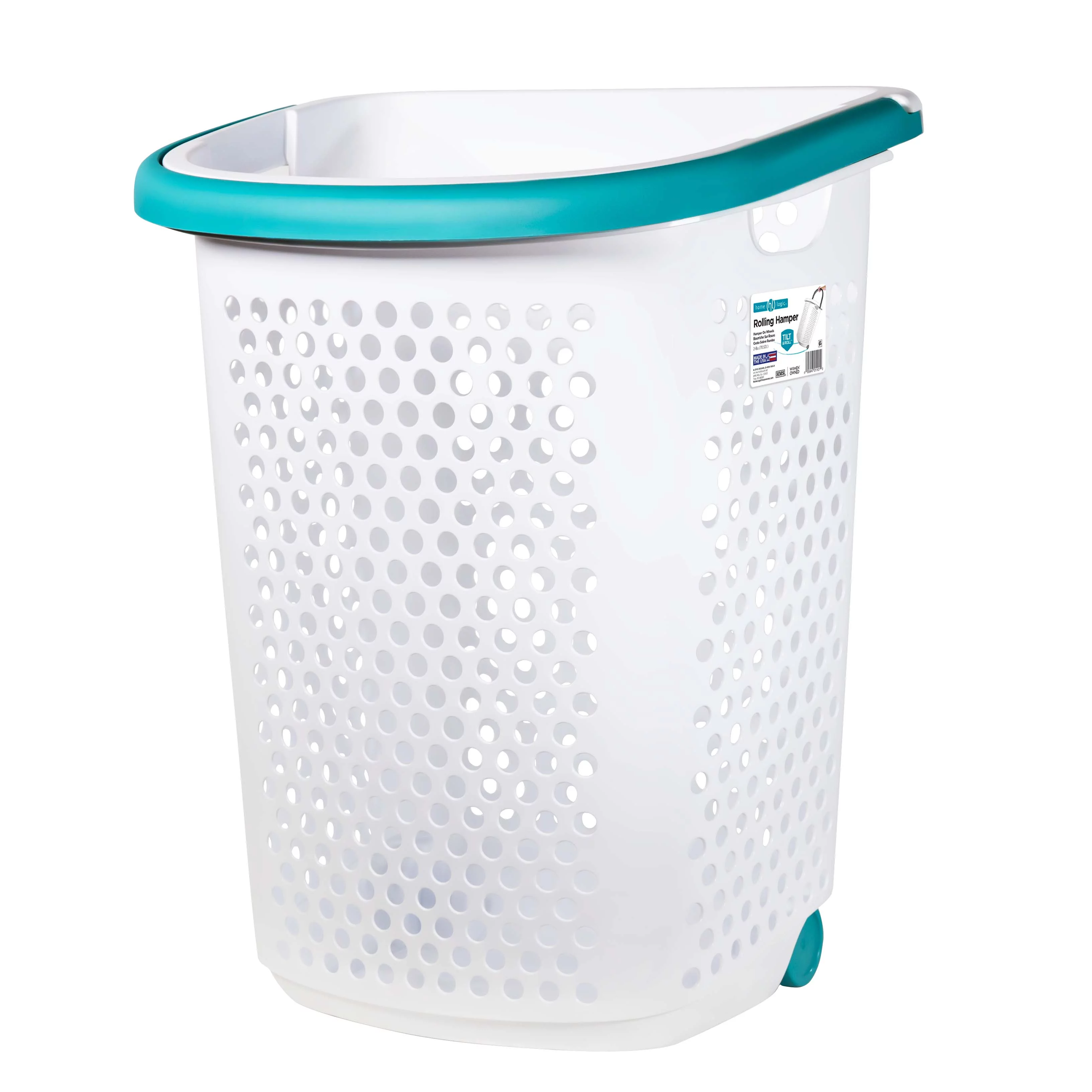 (2 pack) Home Logic 2 Bushel Rolling Plastic Laundry Hamper with Pop-up Handle, White