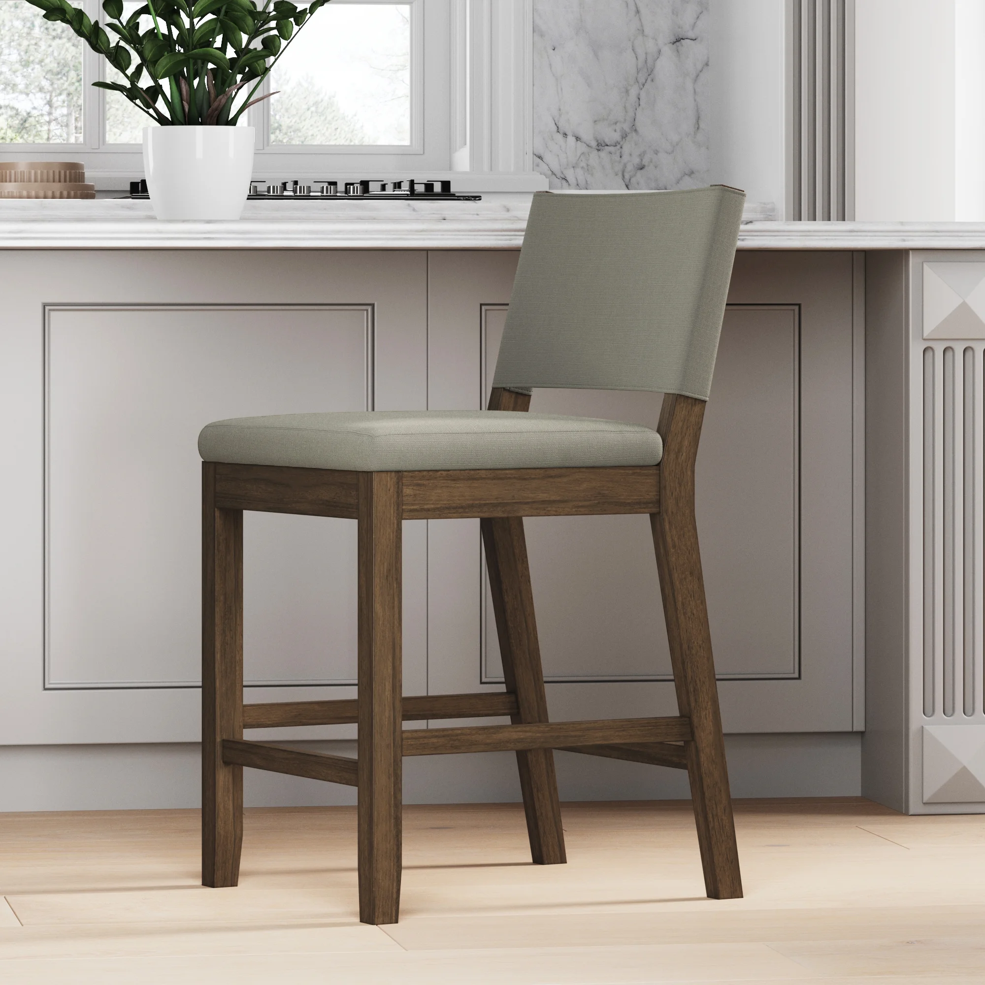 Nathan James Linus Modern Upholstered Counter Height Bar Stool with Back and Solid Rubberwood Legs in a Wire-Brushed BrownFinish, Light Grey/Brown