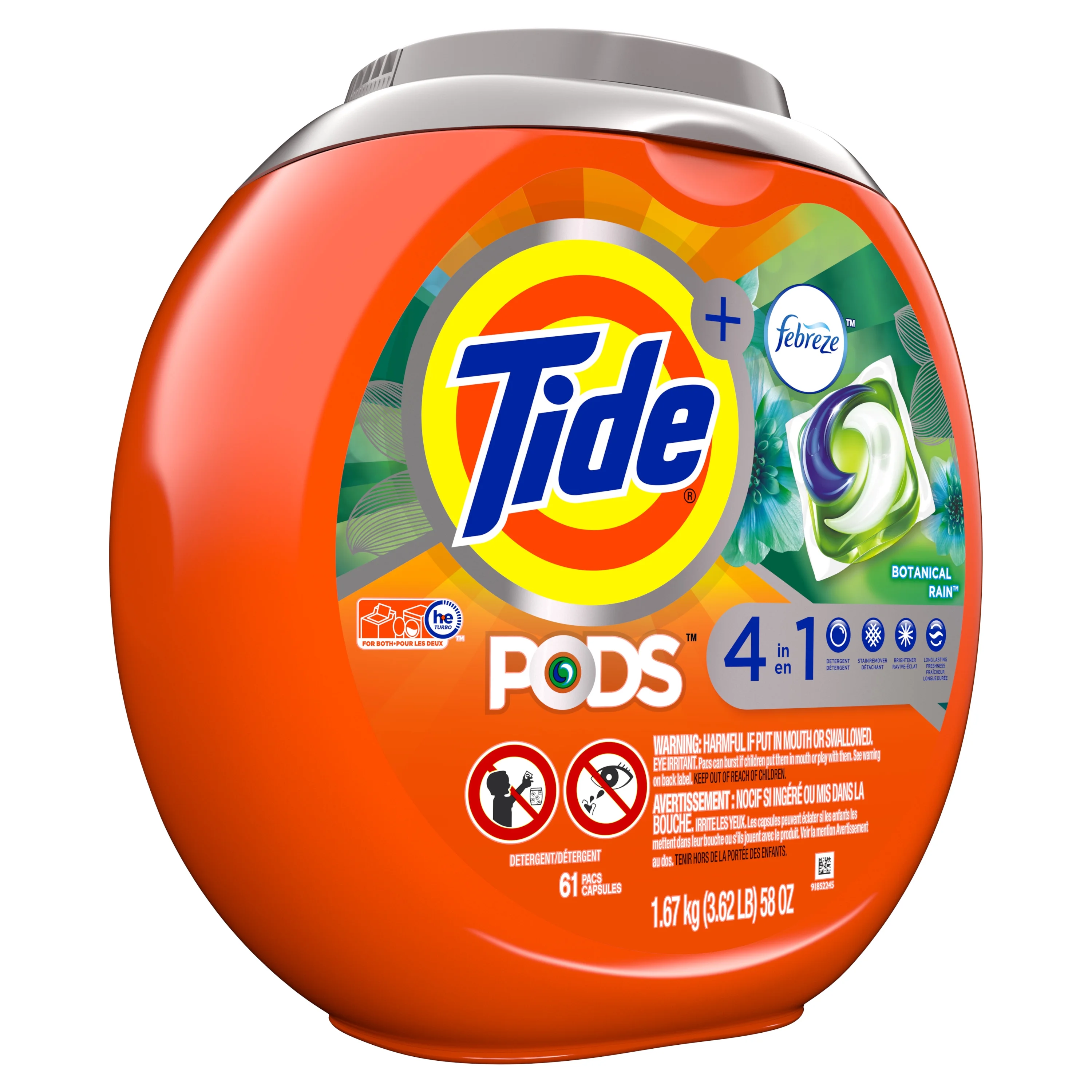 Tide Pods Plus Febreze Botanical Rain, Laundry Detergent Pacs, 61 Ct