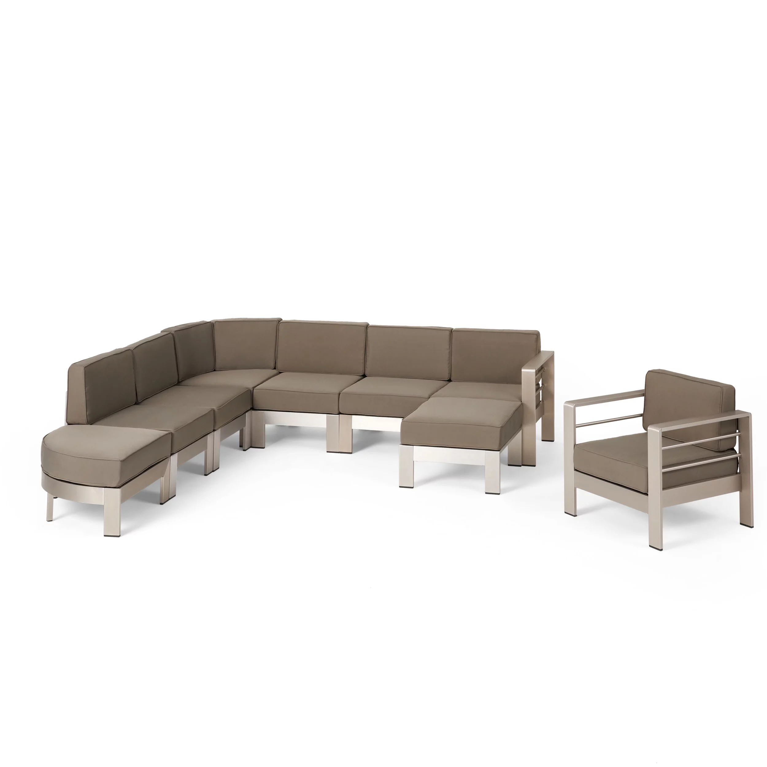 GDF Studio Crested Bay Outdoor Aluminum 6 Seater Sectional and Club Chair Set with Ottomans, Khaki and Silver
