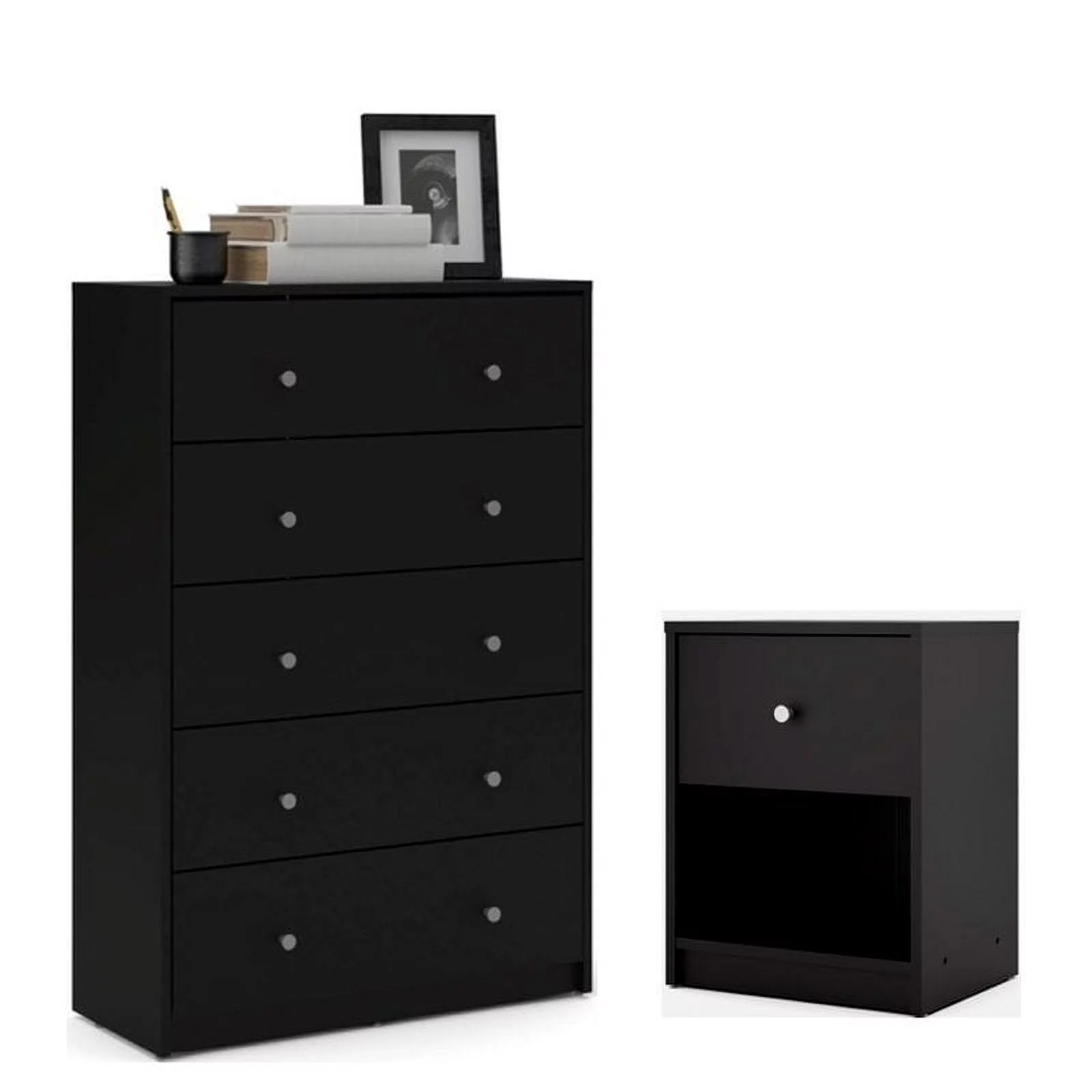 Home Square 2 Piece Bedroom Set with 5-Drawer Chest and 1-Drawer Nightstand in Black