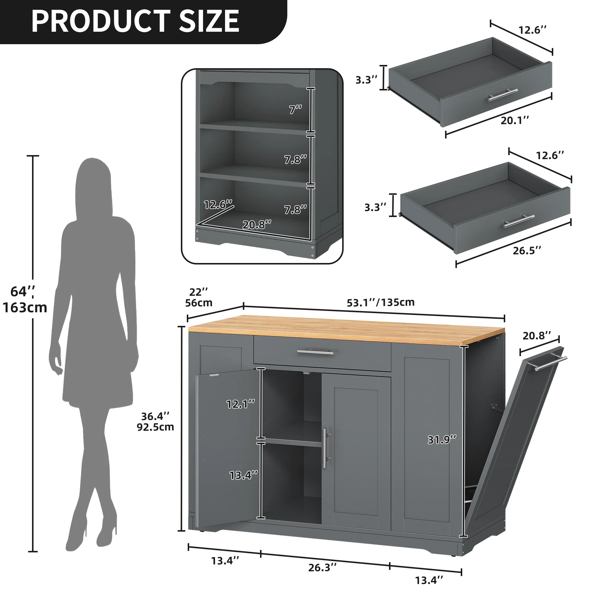 Dextrus Kitchen Island Cart with Trash Can Storage Cabinet, Rolling Kitchen Island Storage with Wheels and Drawers for 13-Gallon Trash Bin, Gray