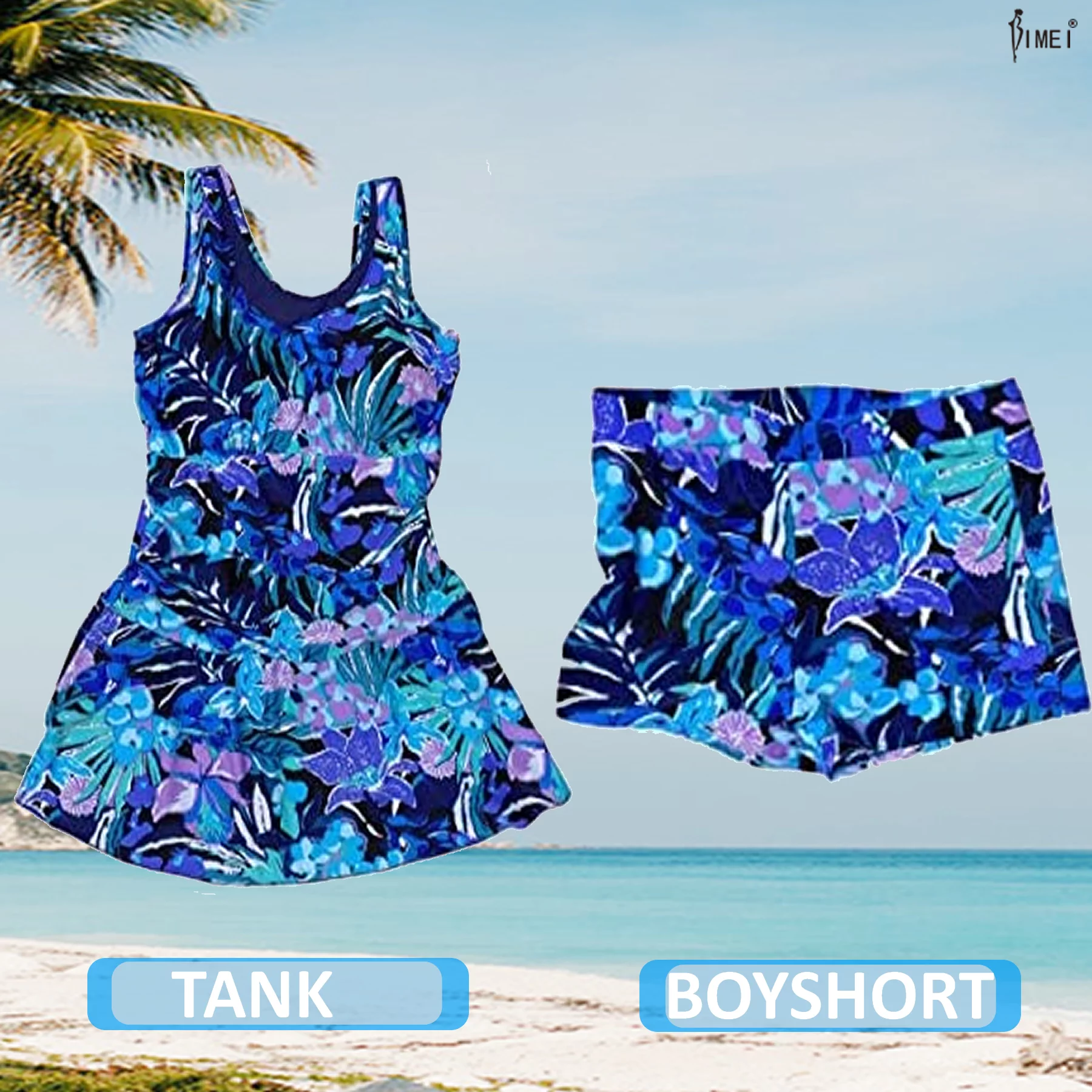 BIMEI Two Piece Mastectomy Swimsuit for Women Pocketed Tankini Swimdresss Tummy Control High Neck Halter Bathing Suits with Shorts 999,Blue,XL