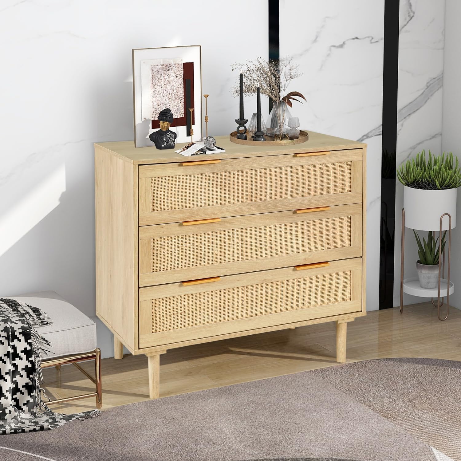 U-SHARE 3 Drawer Dresser with 2 Nightstand for Bedroom, Oak Rattan Dresser Closet Dressers Chest of Drawers, Light Wood Dresser 3 Drawer Storage Chest for Bedroom, Hallway, Living Room
