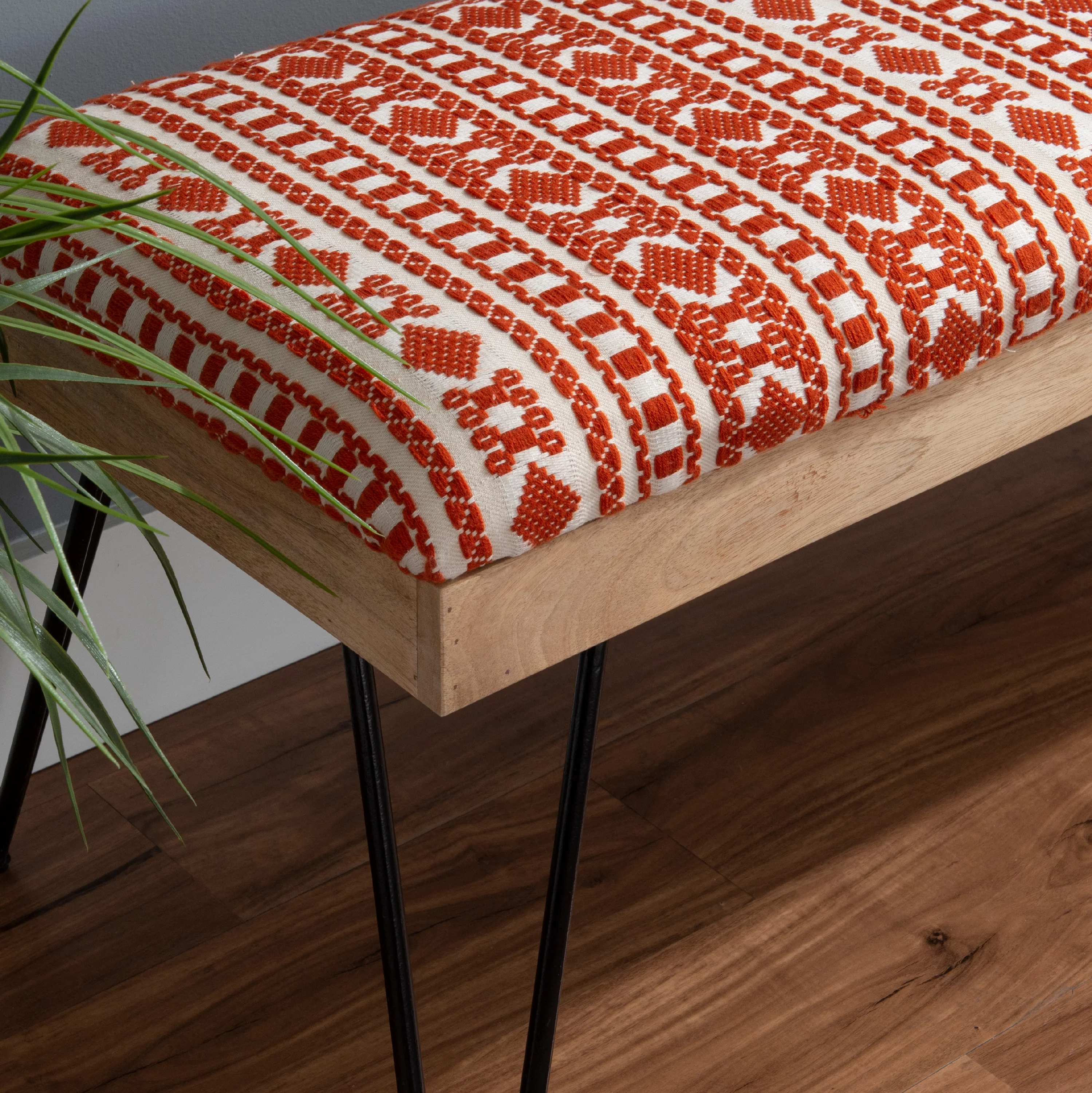 Newley Upholstered Bench, Black Hairpin Legs with Terra Cotta and Natural Stripe Fabric