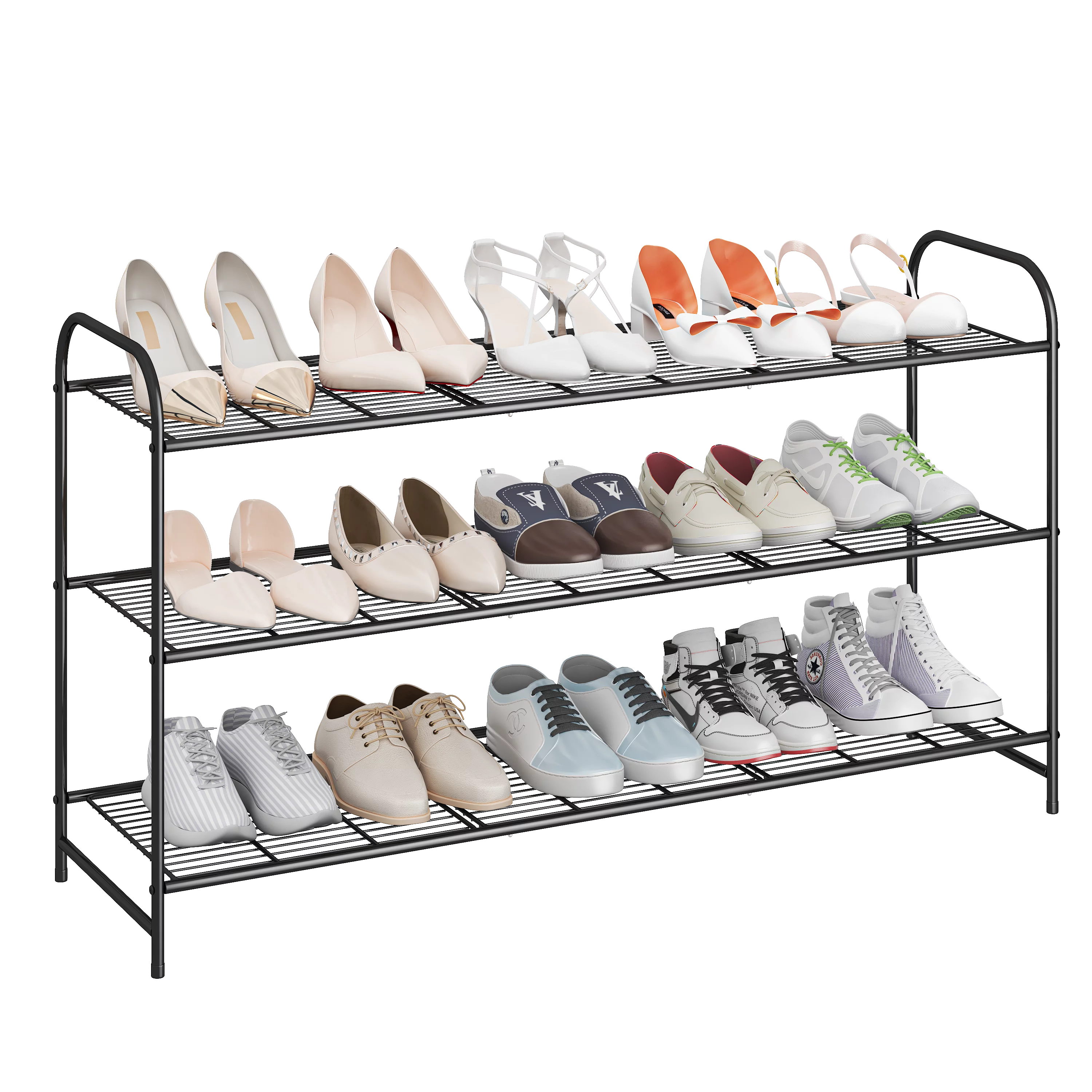 Simple Trending 3-Tier(15Pairs) Long Wired Shoe Rack, Shoe Organizer for Bedroom Floor, Black