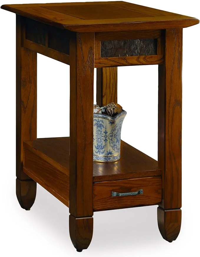 One-Drawer Rustic Oak Side Table with Slate Tile, 18x46x30 Inches - Home Decor Furniture Stand for Living Room