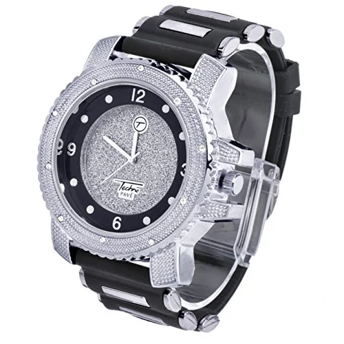 XL Heavy Iced Bling Rapper Hip Hop Techno Pave Rubber Watches 7758 SBBK