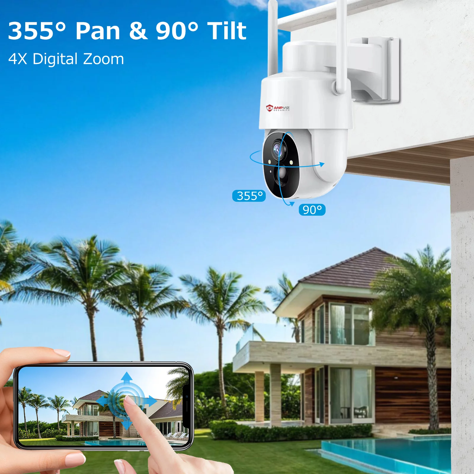 2K Solar Security Outdoor Wifi Camera , Anpviz 360° View IP65 Waterproof Rechargeable Wireless Battery Powered 3MP PTZ Dome Camera with PIR, Color Night Vision,2-Way Talk, Cloud/SD, Works with Alexa