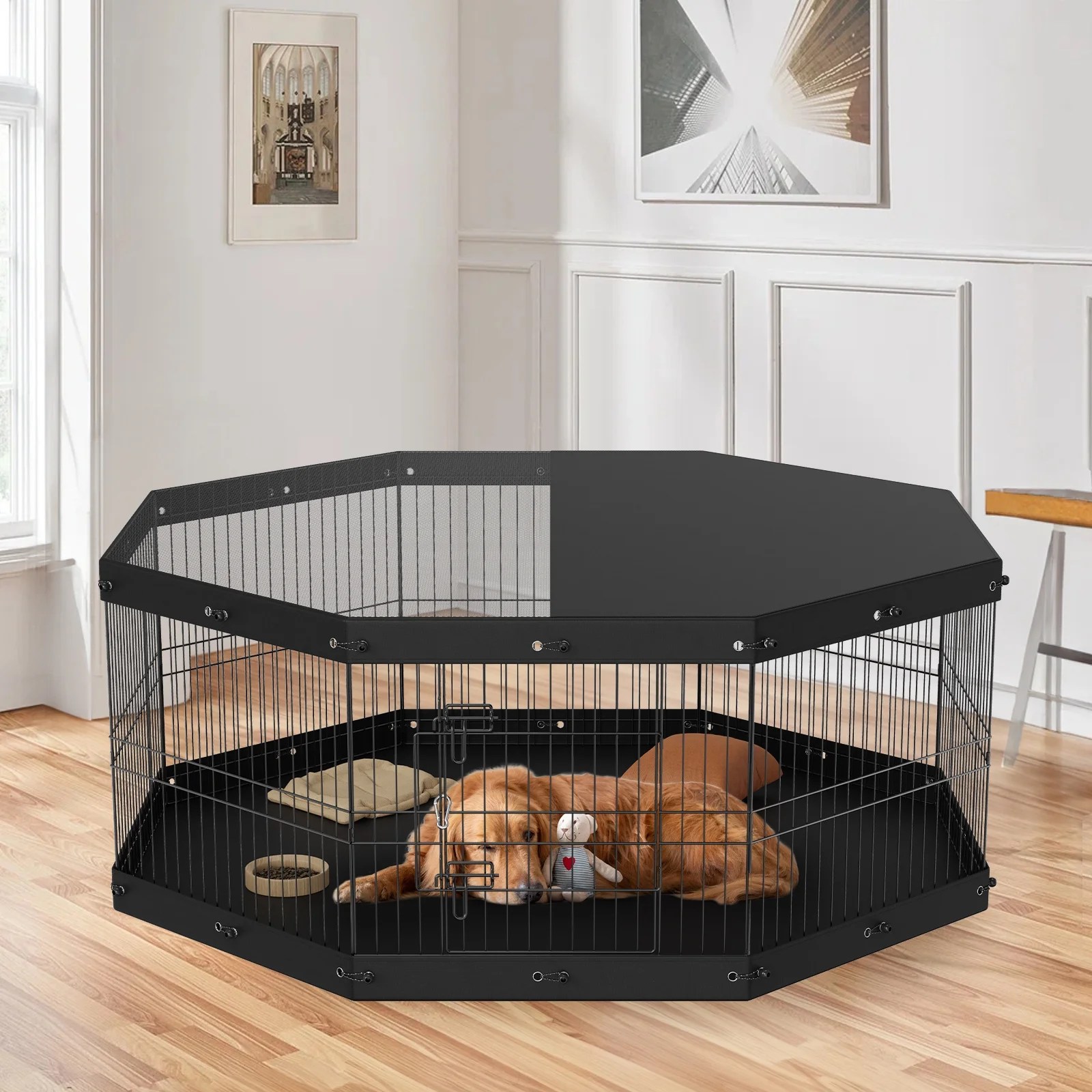 BENTISM Dog Playpen 8 Panels Foldable Metal Dog Exercise Pen with Cover and Pad