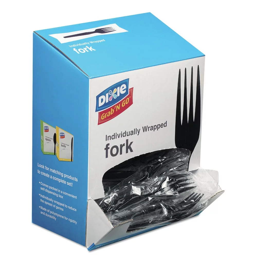 Dixie Grab’N Go Wrapped Cutlery, Forks, Black, 90/Box, 6 Box/Carton -DXEFM5W540