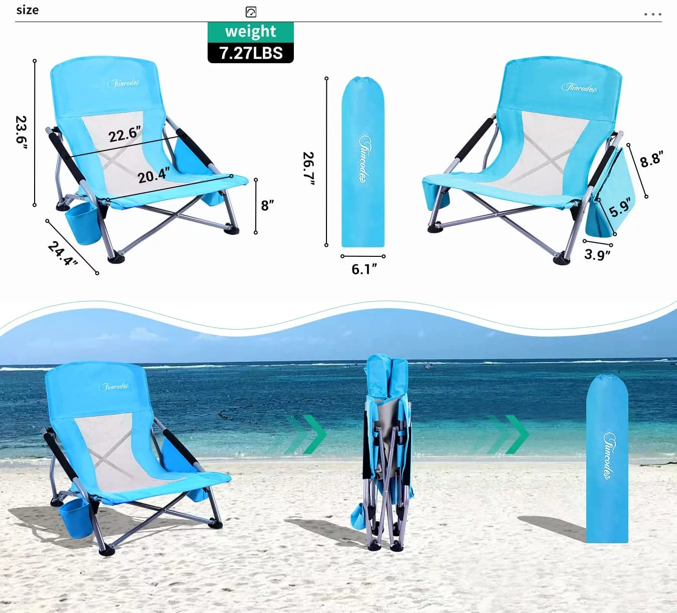 Low Beach Camping Folding Chair with Cooler Bag,Heavy Duty Portable Chair with Carry Bag for Camping, Beach, Picnic, Barbeques, Sporting Event (1-Pack Blue)