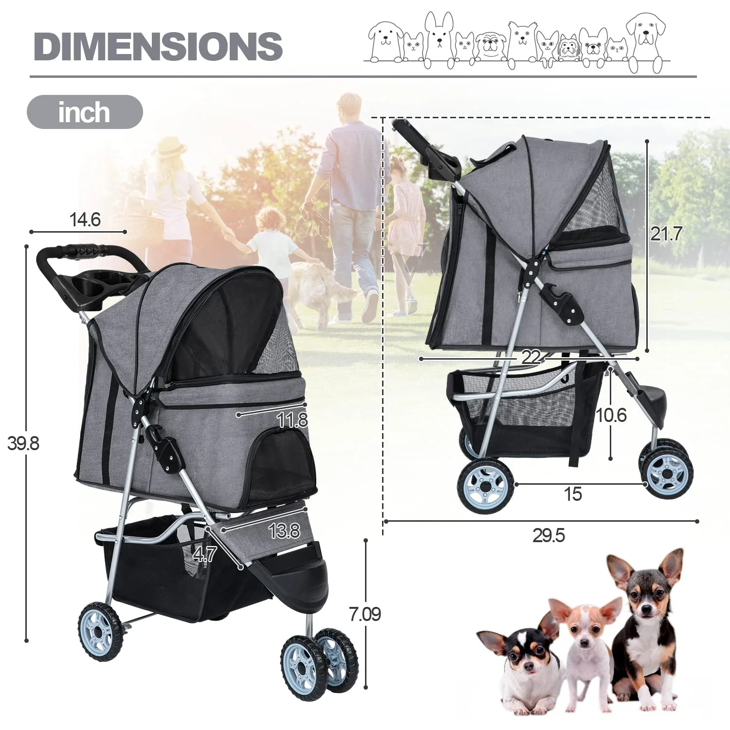 3 Wheels Pet Stroller Folding Dog Stroller Cat Stroller with Cup Holder & Storage Basket for Medium Small Dogs Cats, Grey