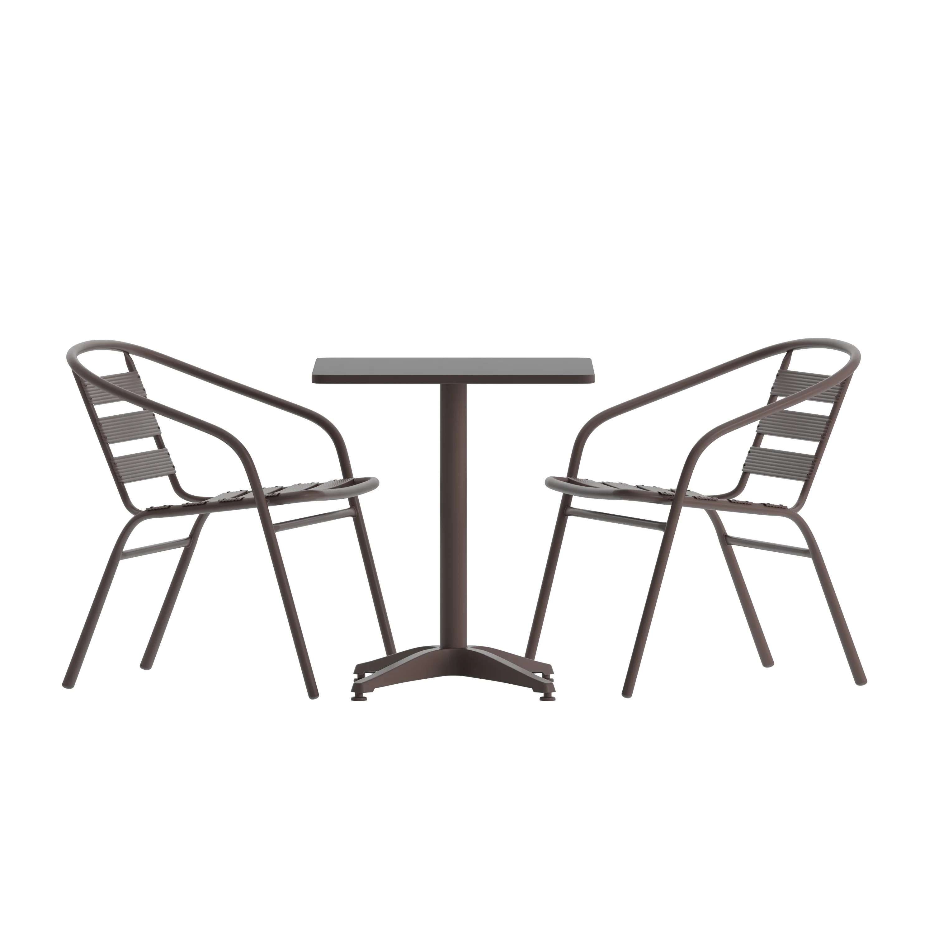 BizChair 27.5'' Bronze Square Aluminum Indoor-Outdoor Table Set with 2 Bronze Slat Back Chairs