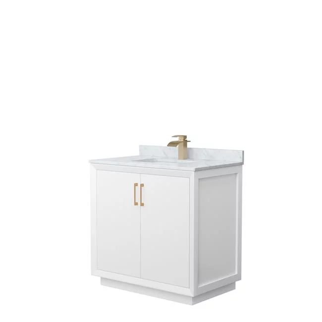 36 in. Strada Single Bathroom Vanity, White, White Carrara Marble Countertop, Undermount Square Sink & Satin Bronze Trim