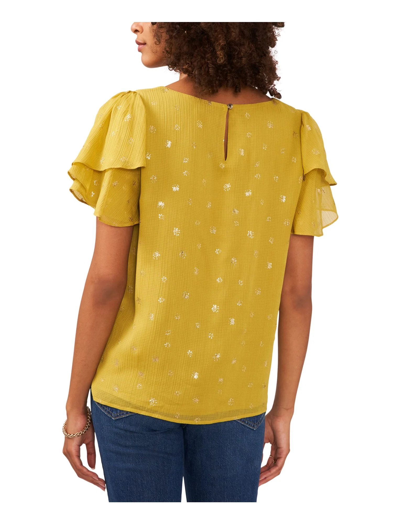 VINCE CAMUTO Womens Yellow Textured Lined Tulip Sleeve Keyhole Back Crew Neck Wear To Work Blouse S