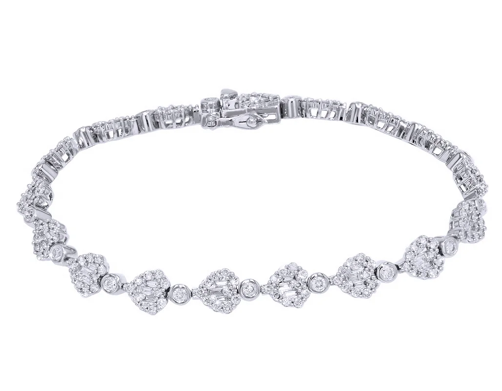 Baguette Diamond Heart Shape Link Bracelet 3.6CT 14K White Gold 7.25