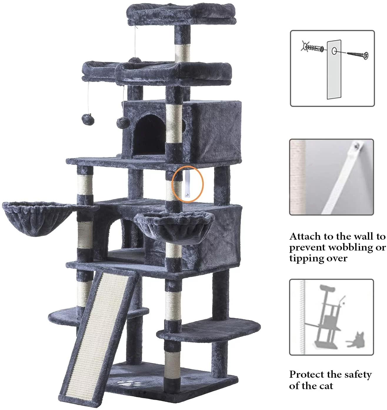 Sha Cerlin 68'' Bluish-grey Cat Tree and Tower for Large Adult Cats with Sisal Scratching Posts, Multi Level