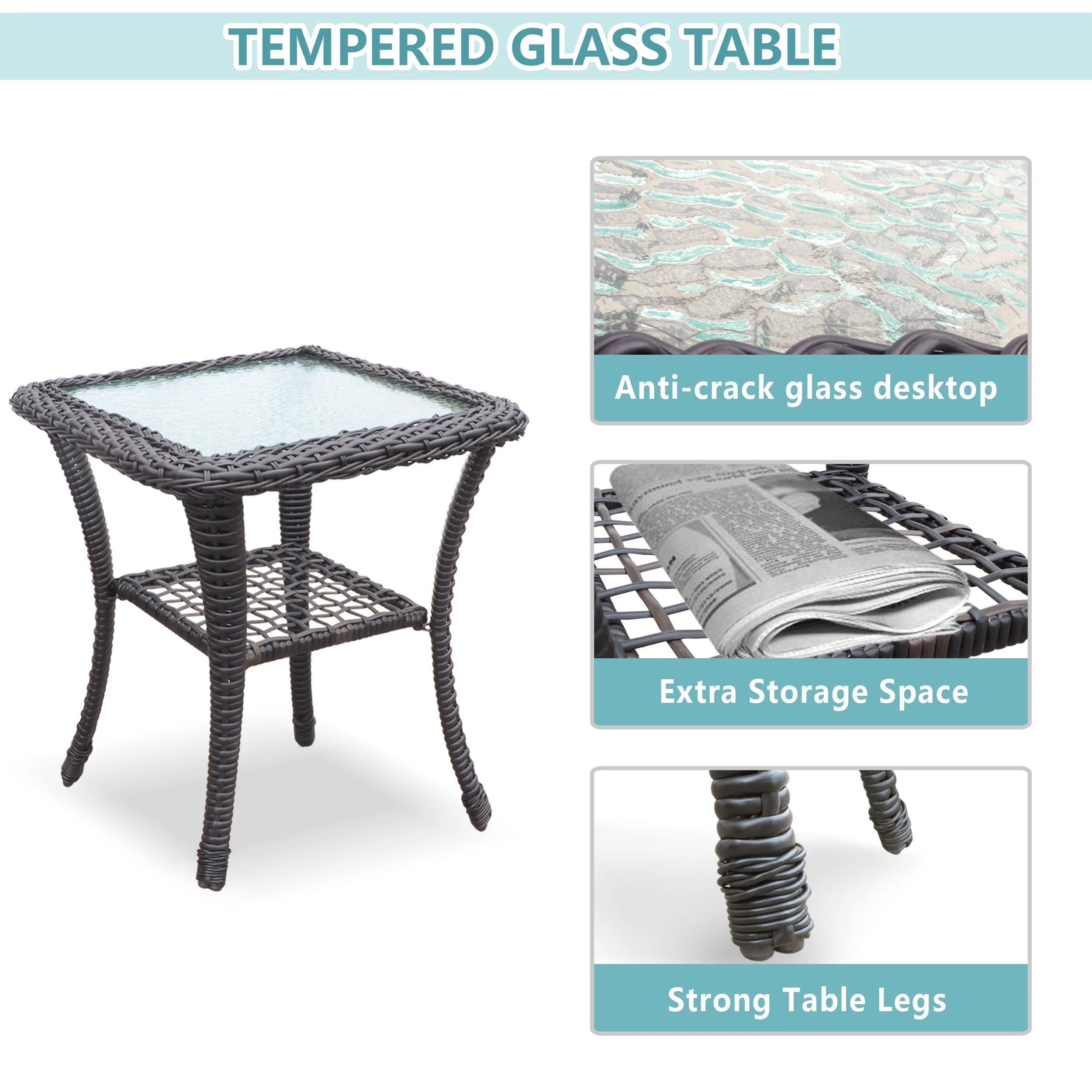 Skypatio 3Pcs Outdoor Rattan Rocking Chair Sets for Porch, Kahki