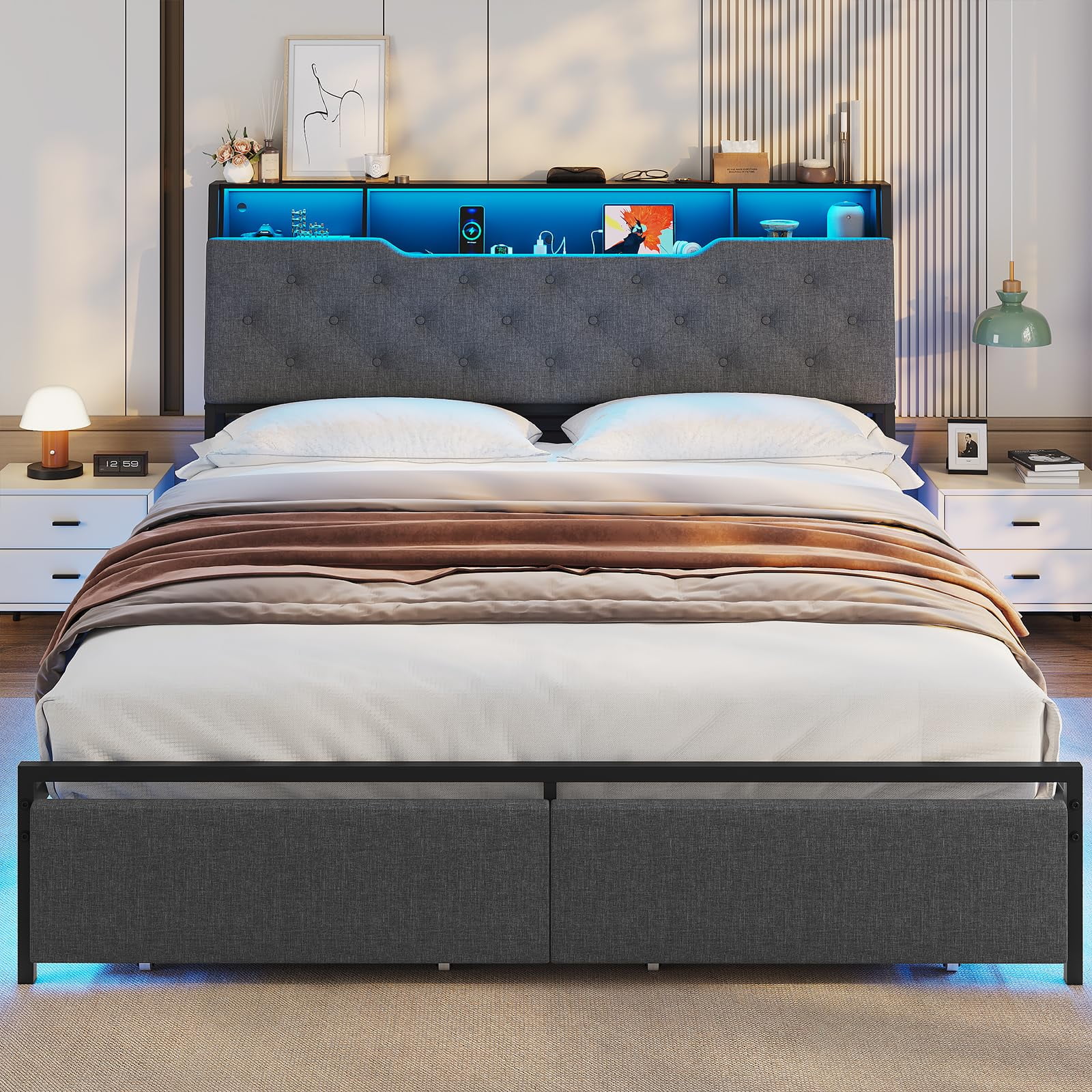 Afuhokles Full Bed Frame with Charging Station, Headboard Storage and 2 Drawers LED Lights, Dark Gray