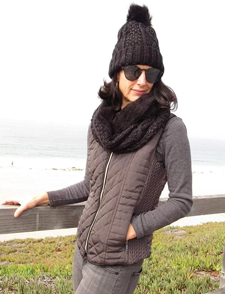 2 Piece Black Women Warm Winter Fleece Lined Knitted Matching Beanie Cap Hat & Infinity Scarf