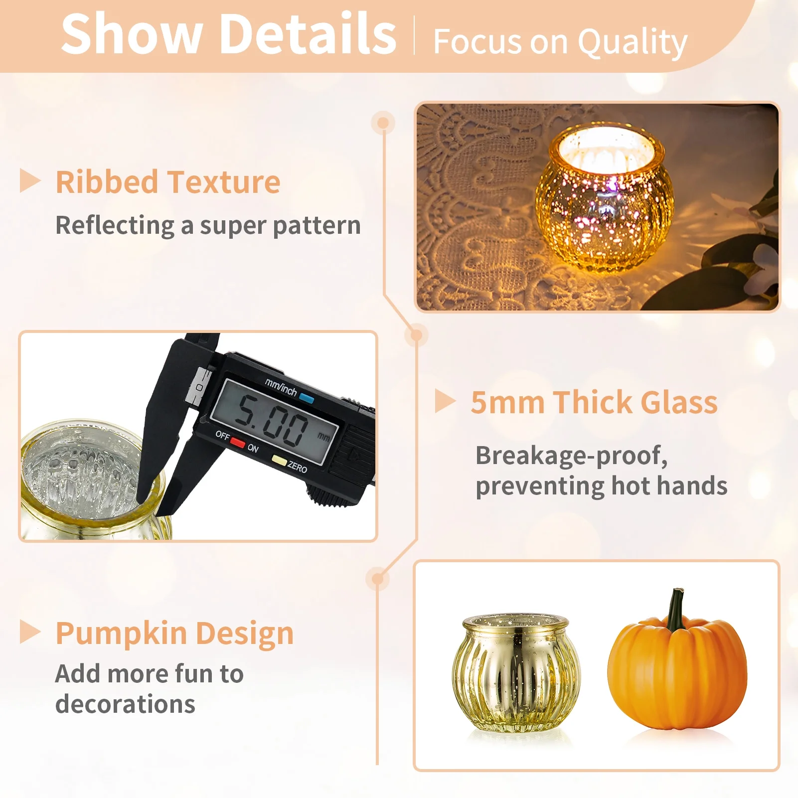 Nuptio Tea Light Candle Holders Set of 12 Gold Glass Pumpkin Tealight Holder Ribbed Votive Bulk Christmas Thanksgiving Decorations Wedding Party Living Room Table Centrepieces