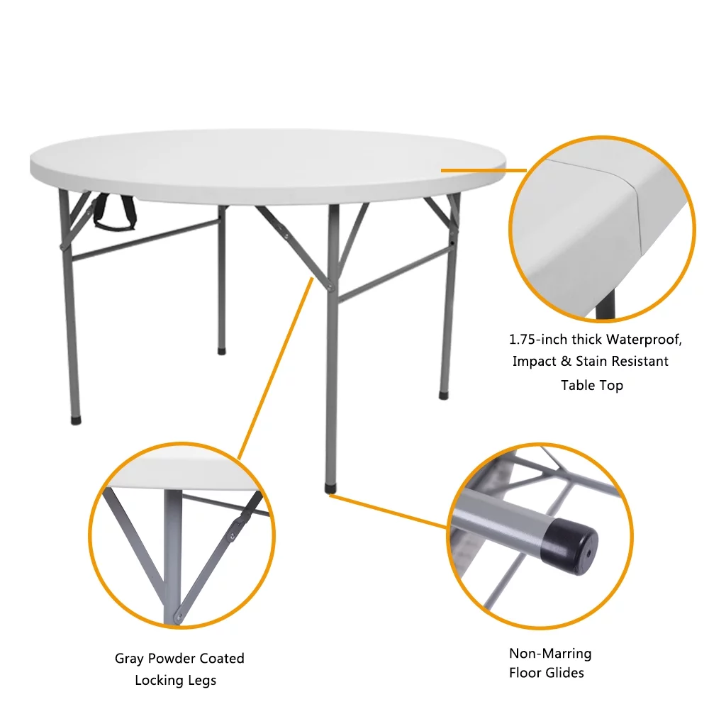Patio Dining Table 48 Inch Fold-in-Half Round Folding Table Indoor Outdoor Utility Table with 4 Steel Feet,Carrying Handle,White