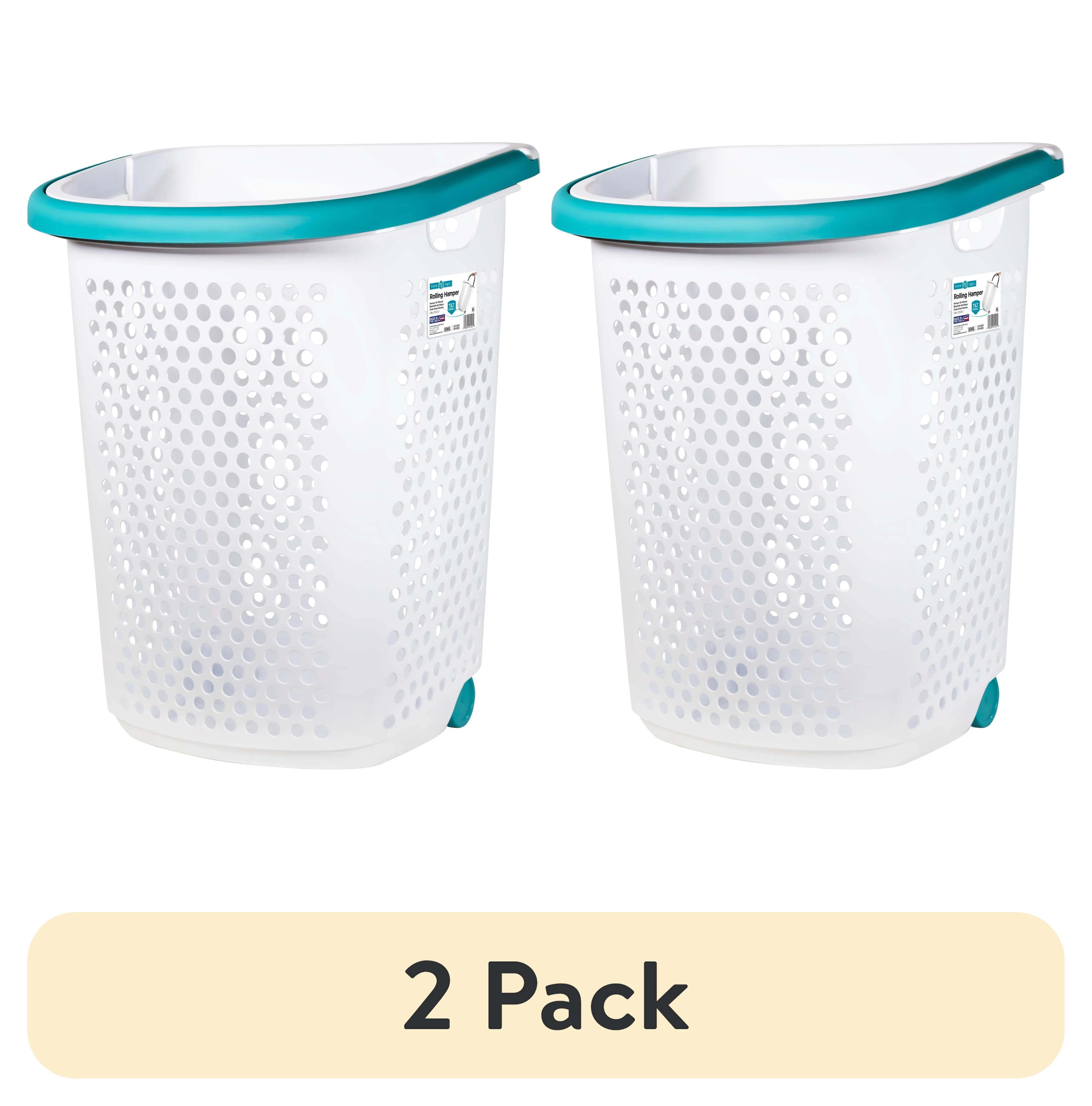 (2 pack) Home Logic 2 Bushel Rolling Plastic Laundry Hamper with Pop-up Handle, White