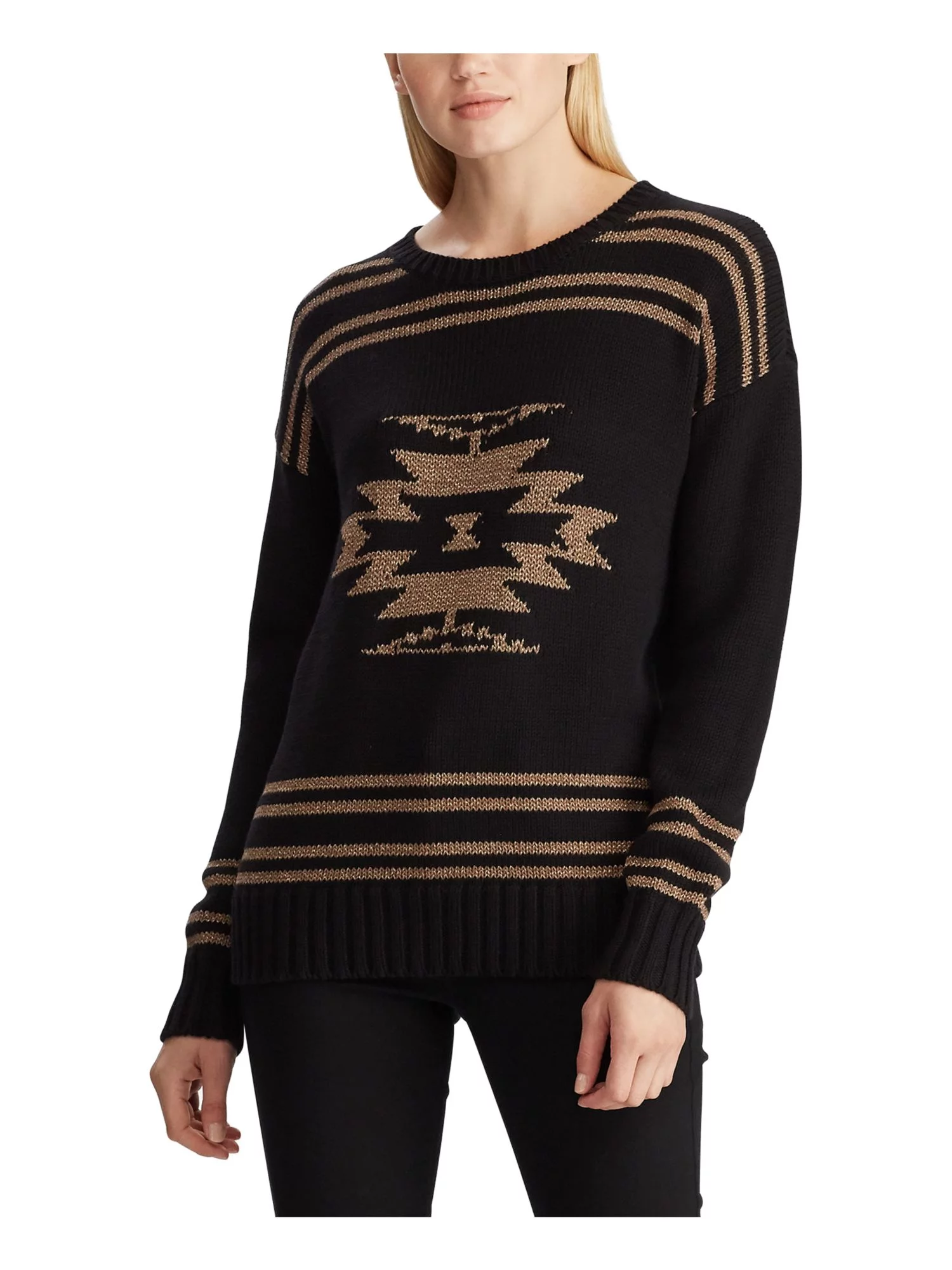 RALPH LAUREN Womens Black Striped Long Sleeve Sweater Size: M