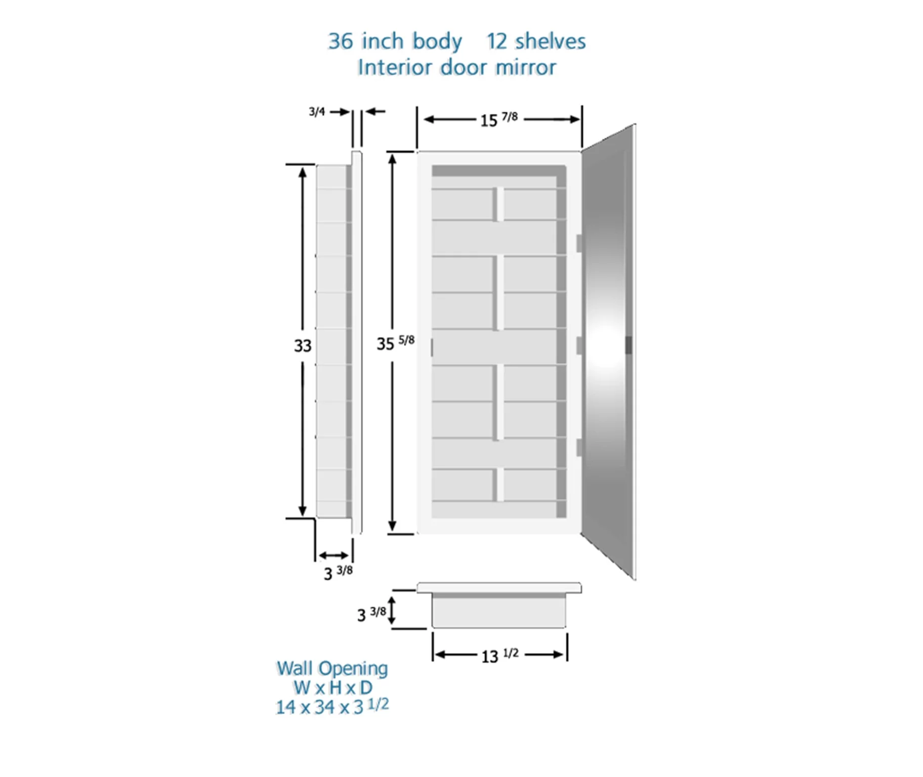 21-2-36-13 Media 16in x 36in Frameless Recessed Medicine Cabinet with 13 shelves