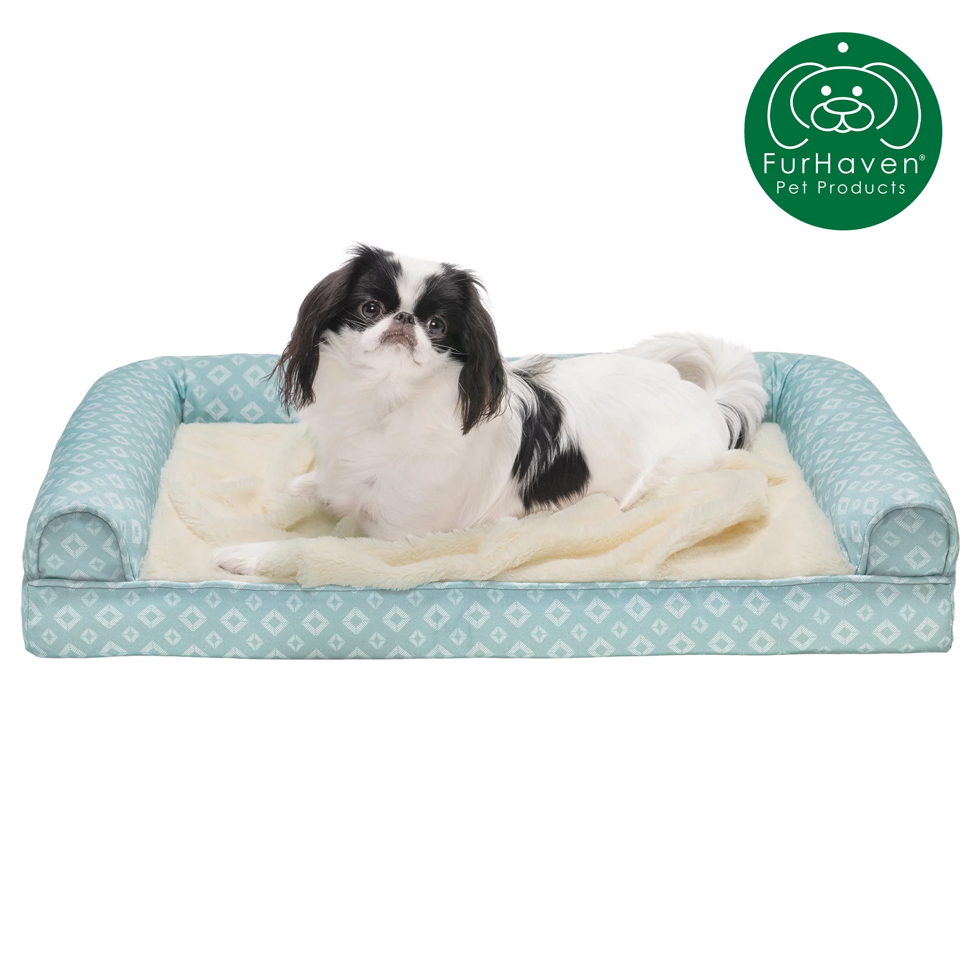 FurHaven Pet Products Plush Fur & Diamond Print Nest-Top Orthopedic Sofa-Style Pet Bed for Dogs & Cats - Aqua, Medium