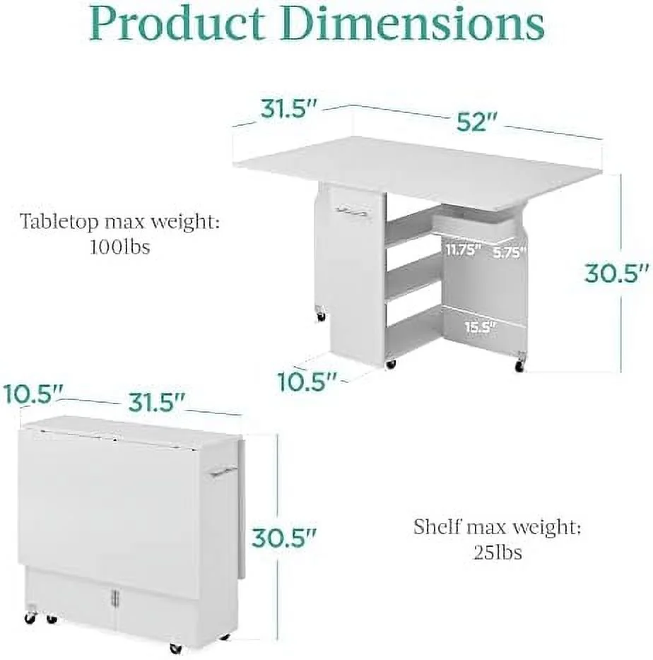 STVBG Folding Dining Table  Multipurpose Collapsible Drop Leaf Extension  Versatile Space Saving Desk  w/Wheels  3  Shelves  Metal Handle - White