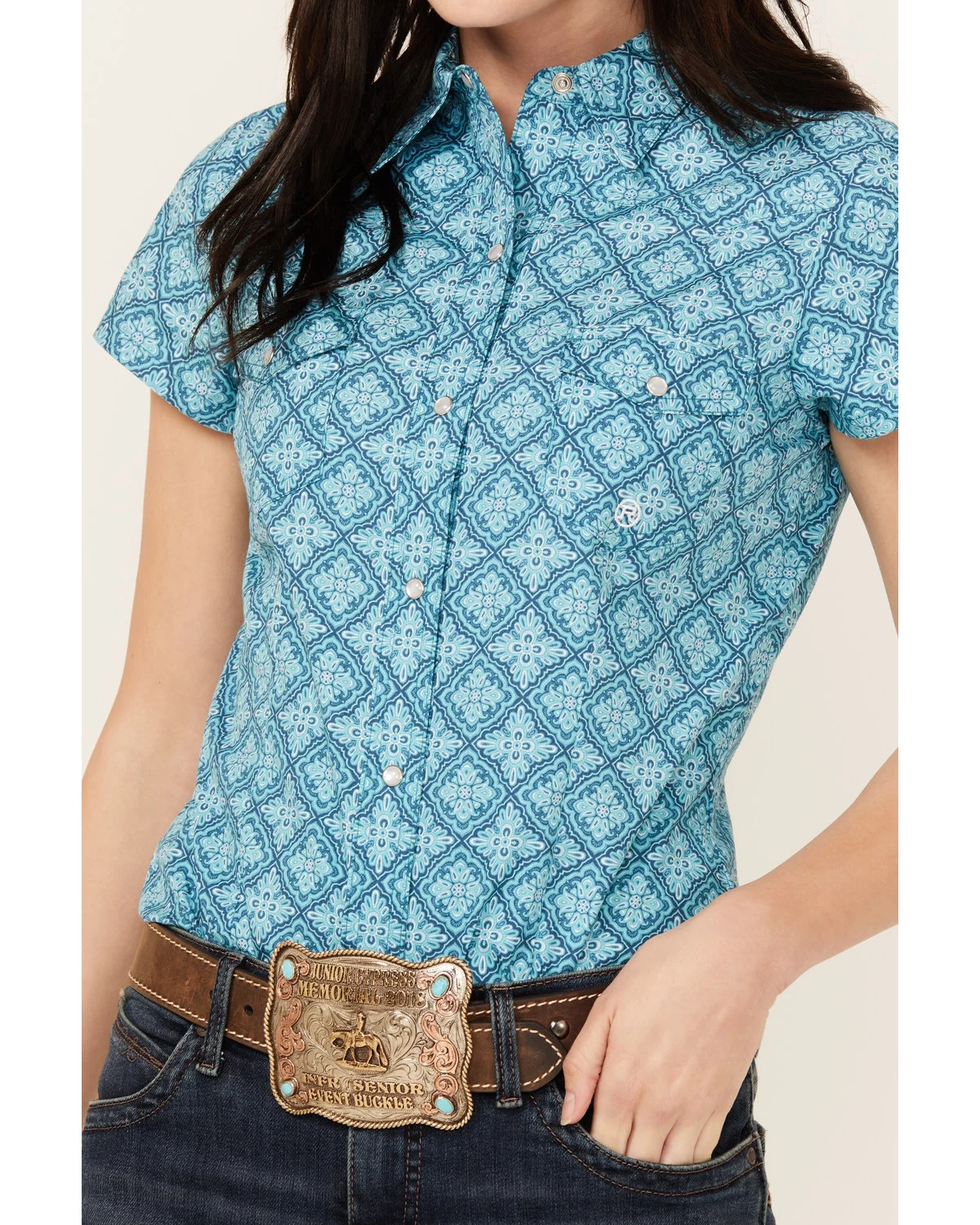 Roper Women's Turquoise Lake Geo Print Short Sleeve Snap Western Shirt Blue Large US