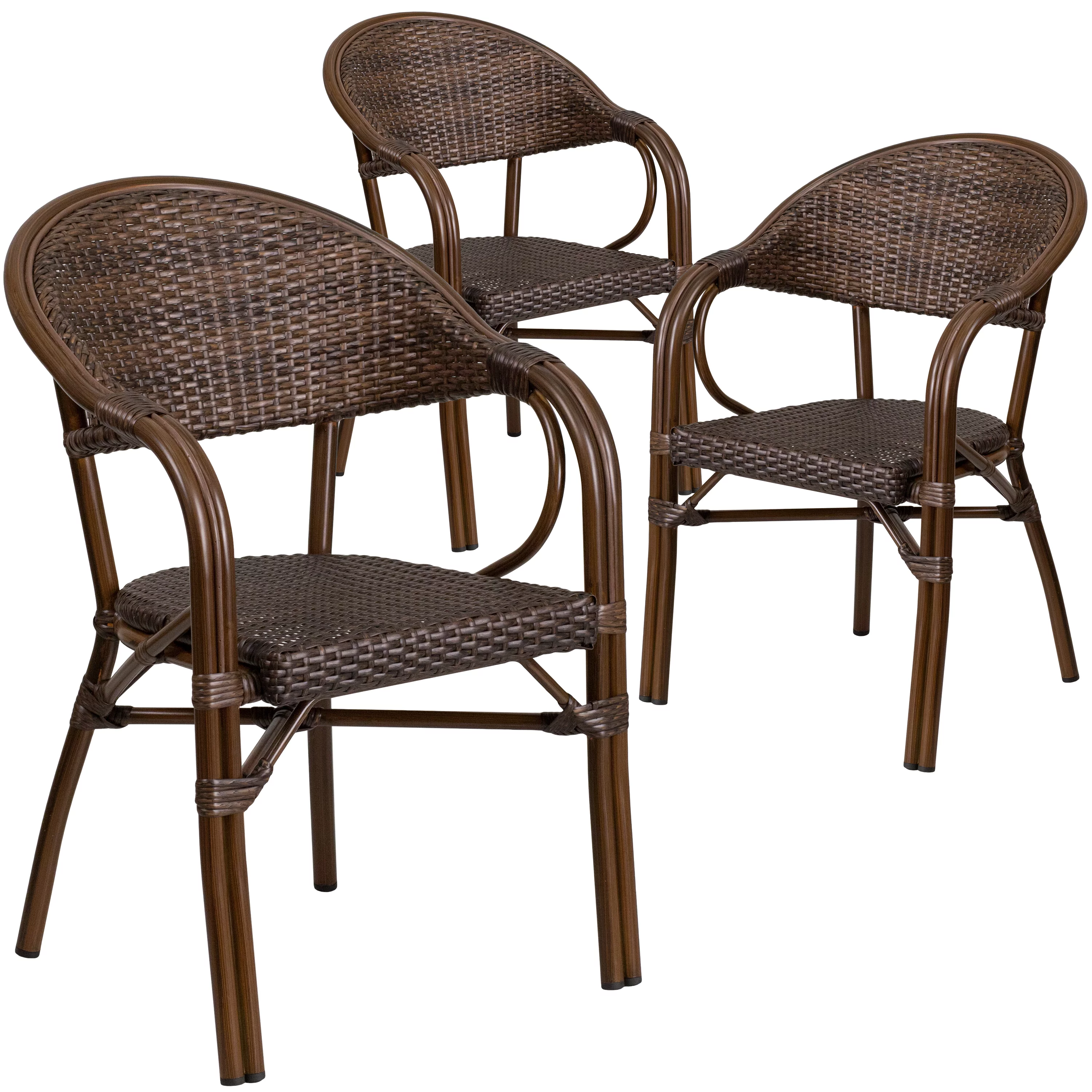 BizChair 3 Pack Cocoa Rattan Restaurant Patio Chair with Bamboo-Aluminum Frame