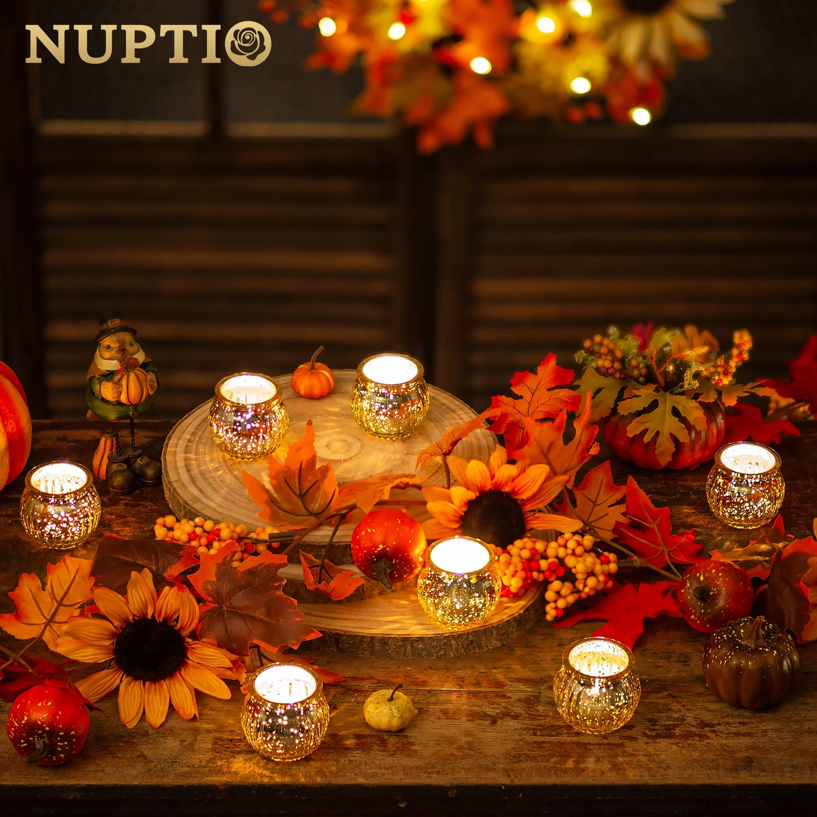 Nuptio Tea Light Candle Holders Set of 12 Gold Glass Pumpkin Tealight Holder Ribbed Votive Bulk Christmas Thanksgiving Decorations Wedding Party Living Room Table Centrepieces