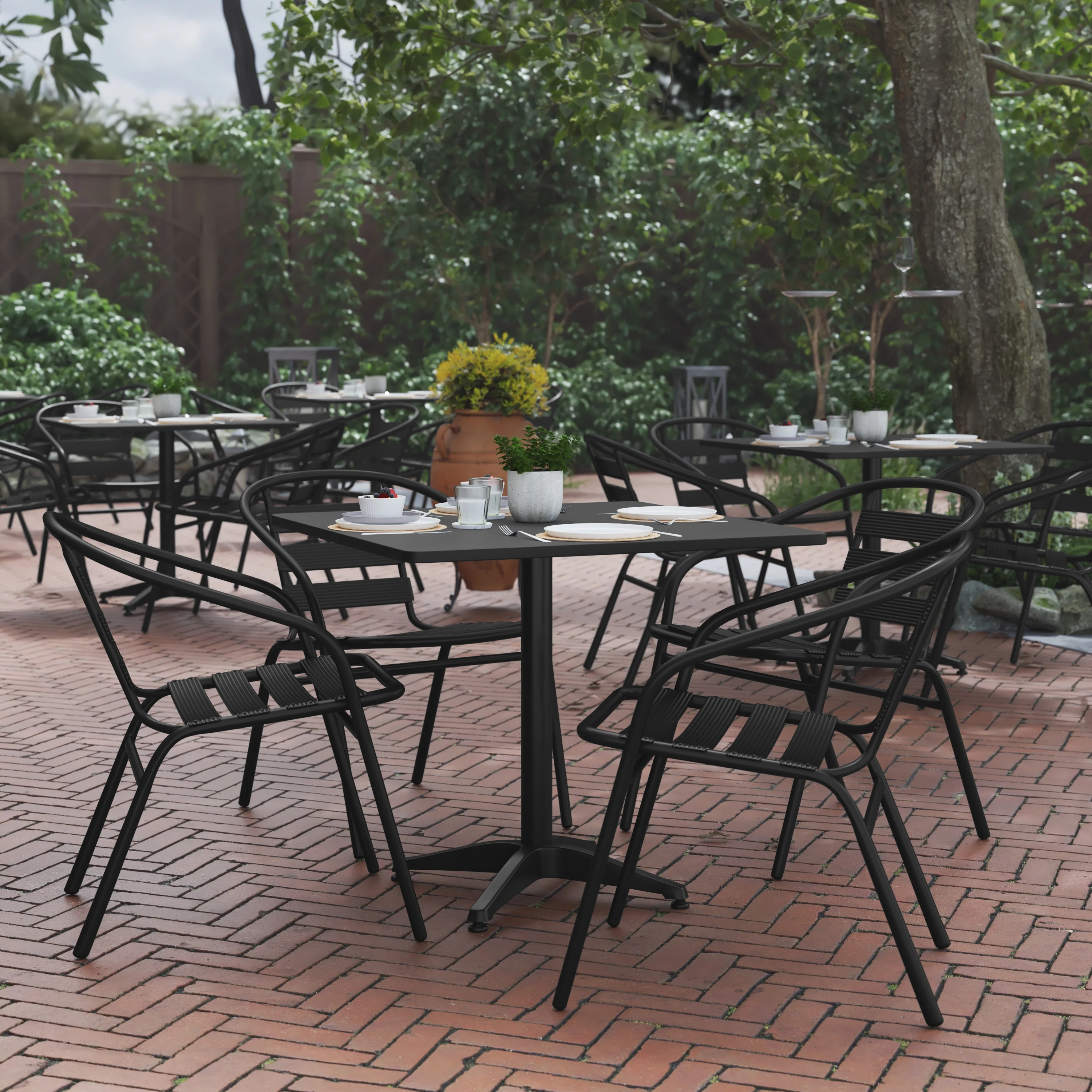 BizChair 31.5'' Black Square Aluminum Indoor-Outdoor Table Set with 4 Black Slat Back Chairs