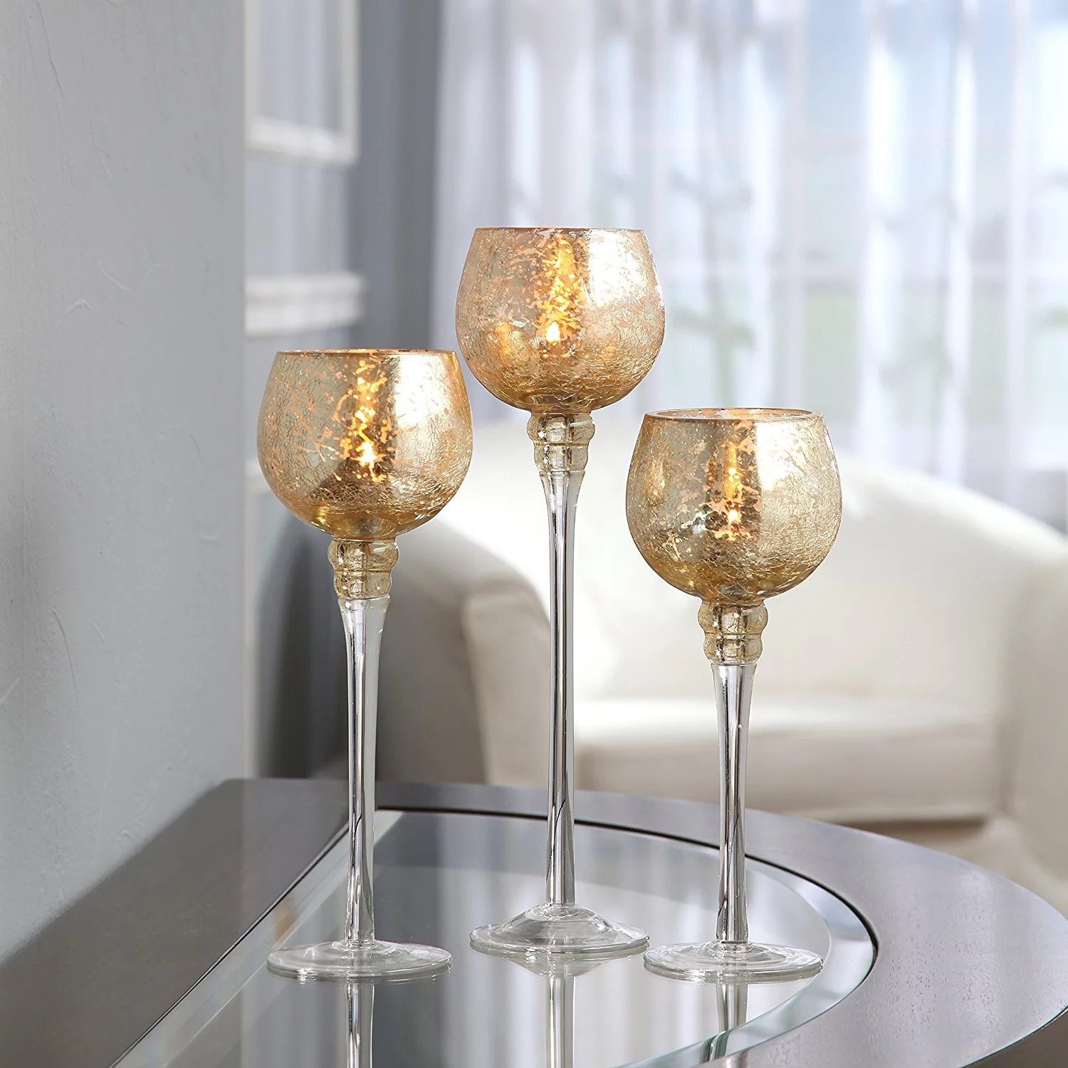 Hosley Set of 3, Crackle Gold Glass Tealight Holders 9 Inches 10 Inches and 12 Inches High