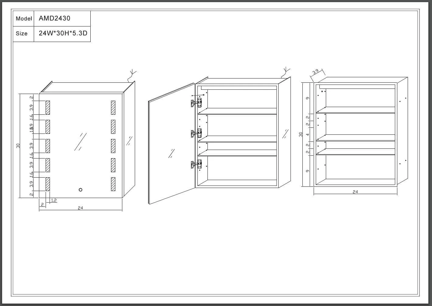 Bathroom Medicine Cabinet, Aluminum, Recessed/Surface Mount, 24